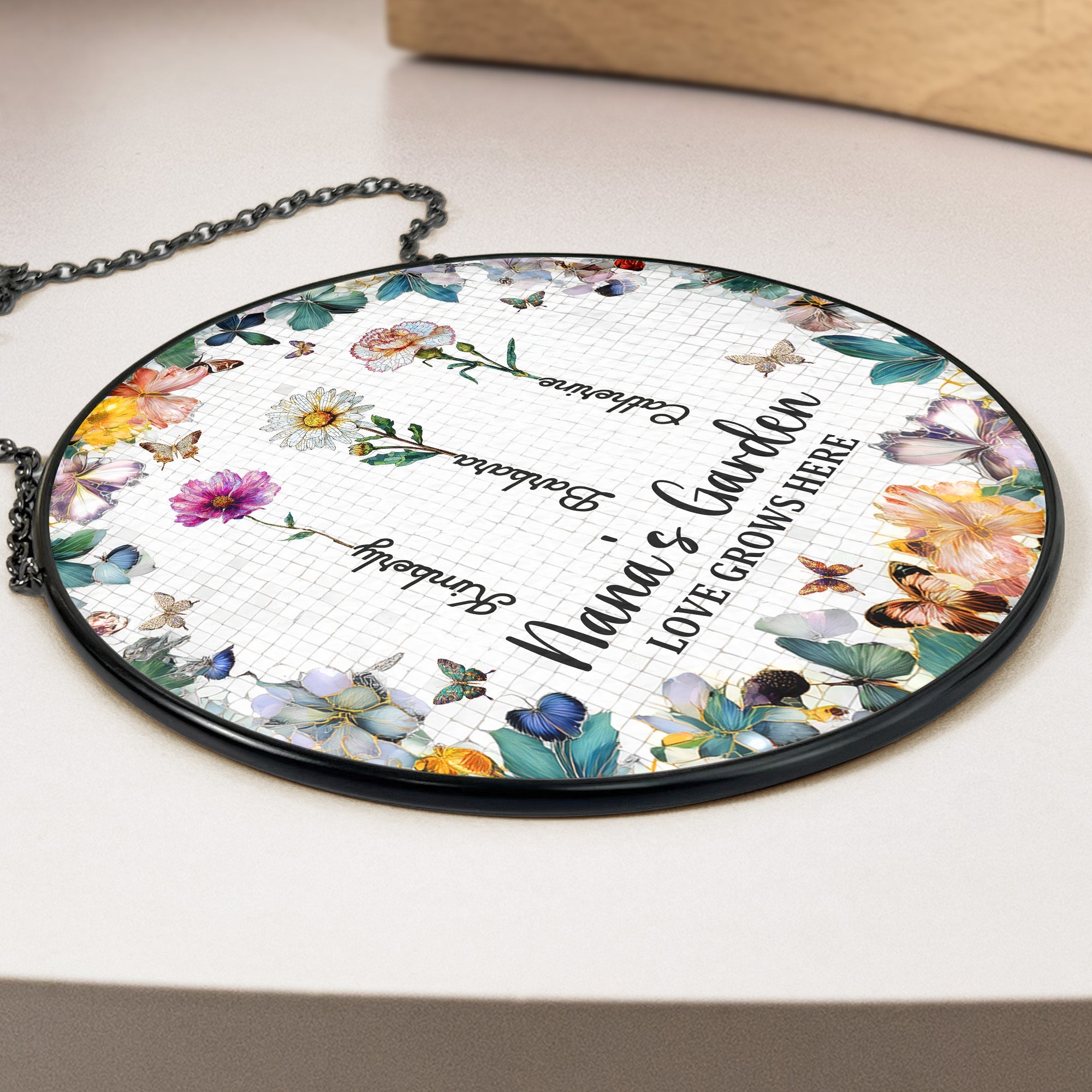 Nana's Garden Custom Names & Birth Flowers - Personalized Stained Glass Window Hanging Suncatcher