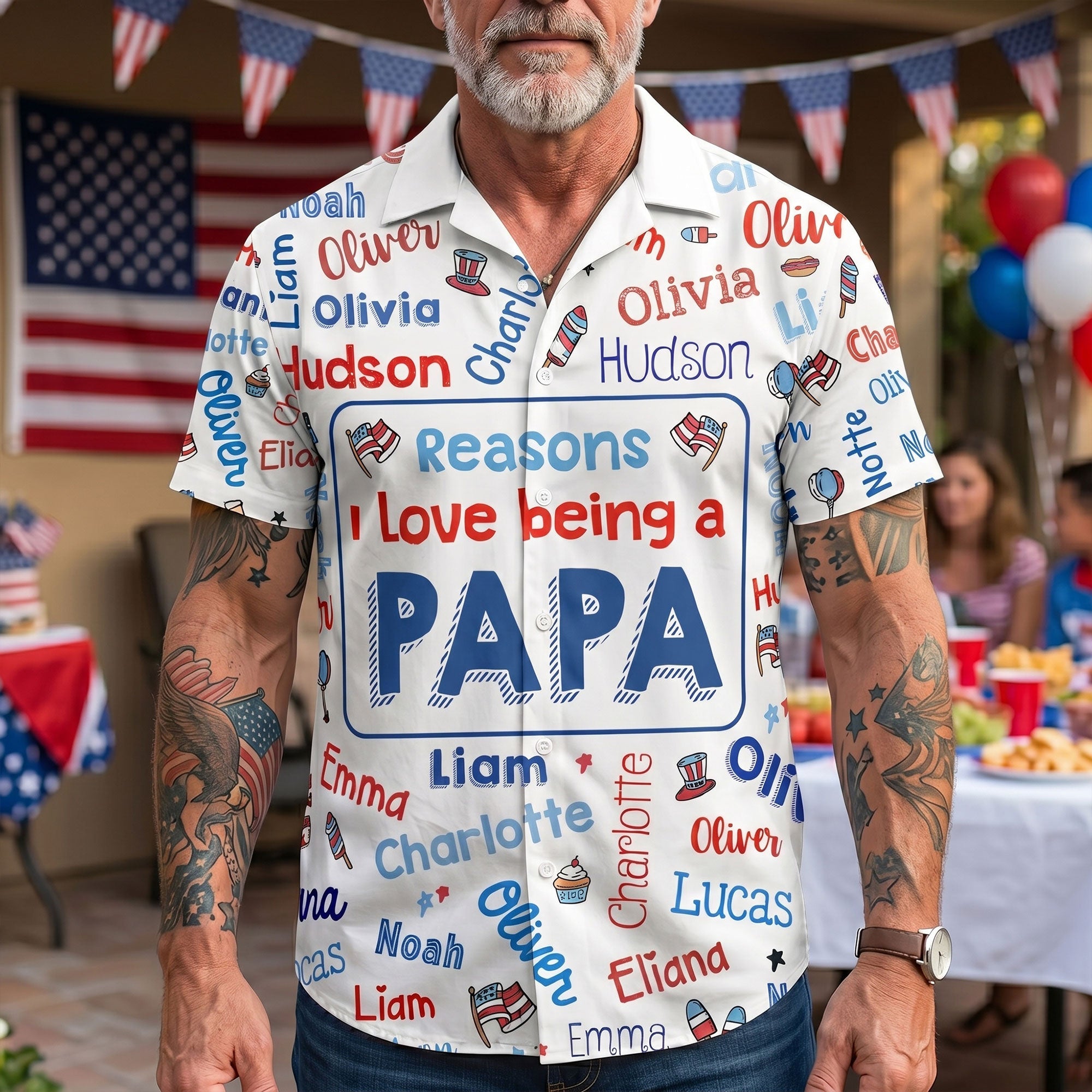 Reasons I Love Being A Papa USA 250 Patriotic Kid Names - Personalized Hawaiian Shirt