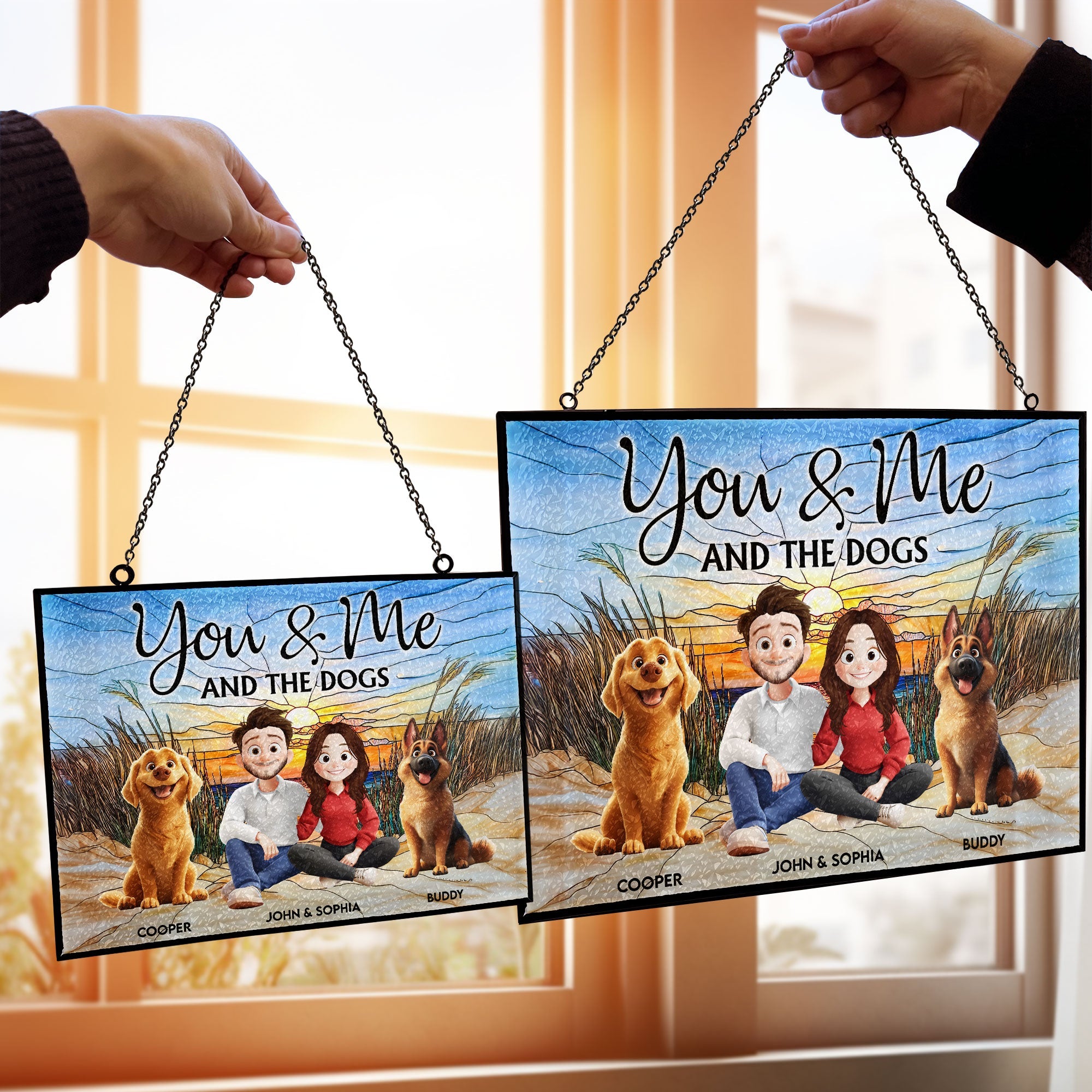 You And Me And The Dogs - Personalized Stained Glass Suncatcher