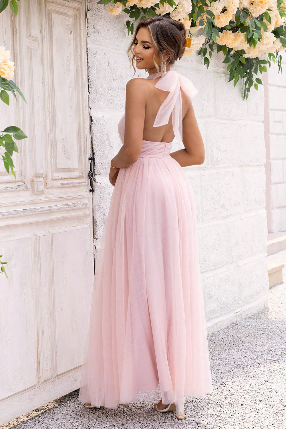 Elegant Halter Neck Backless Mesh Dress for Black Tie Summer Weddings - Perfect Wedding Guest Attire for an Elegant Evening Look