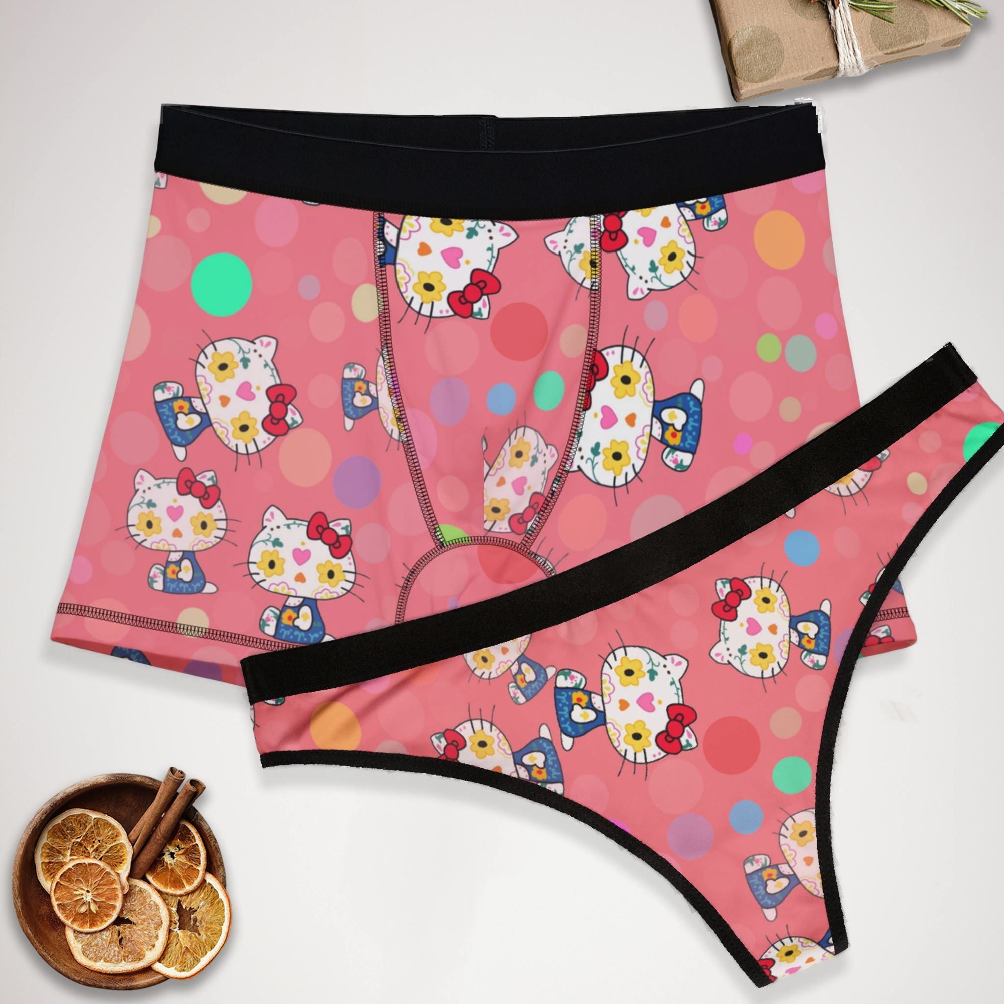 Couples matching  kitty flower polka dots character underwear set boxer and thong