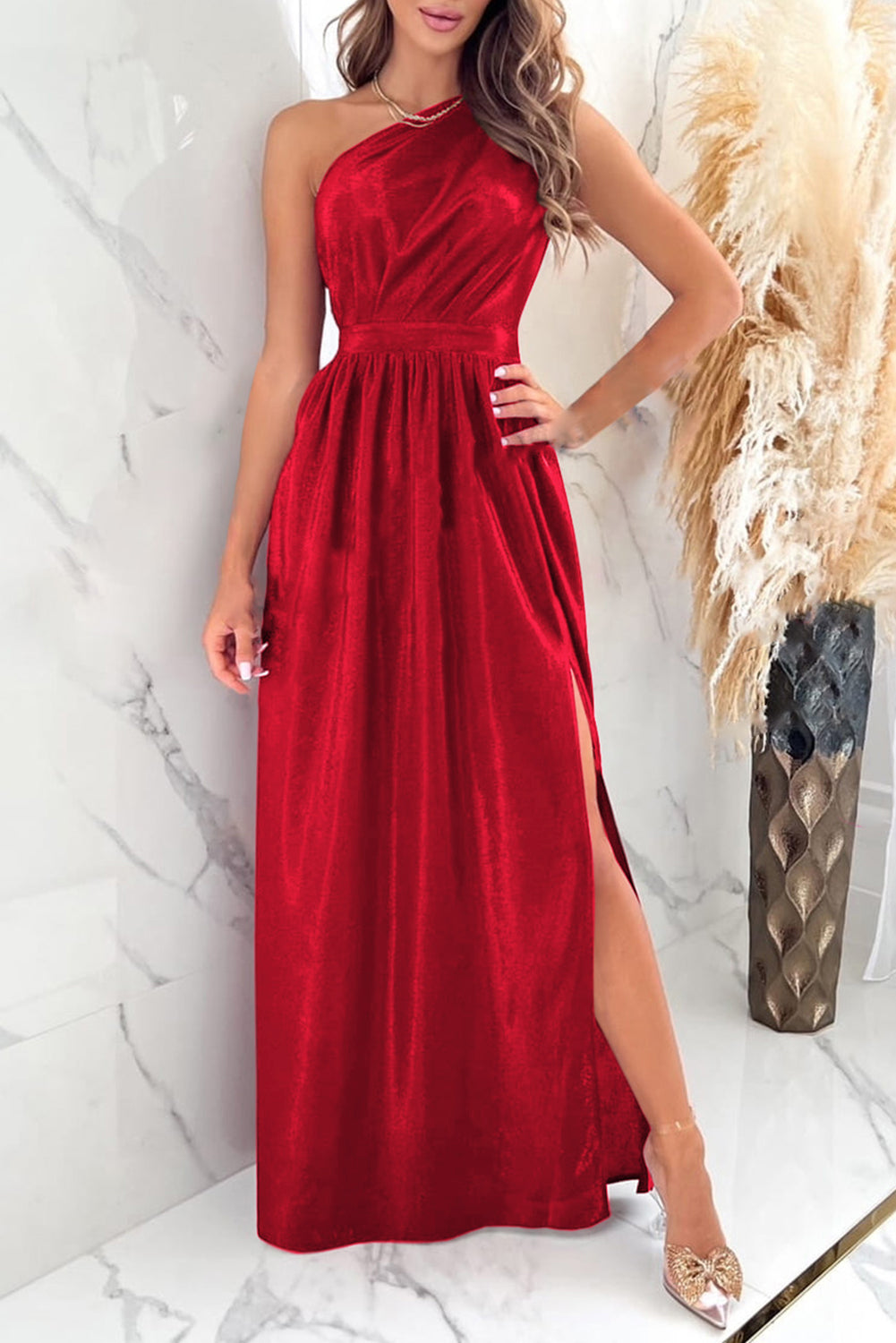 Affordable One Shoulder Slit Ruched Maxi Dress - Perfect for Homecoming 2024, Snowcoming, and Hoco Cute, Stylish, and Budget-Friendly Outfit for the Occasion