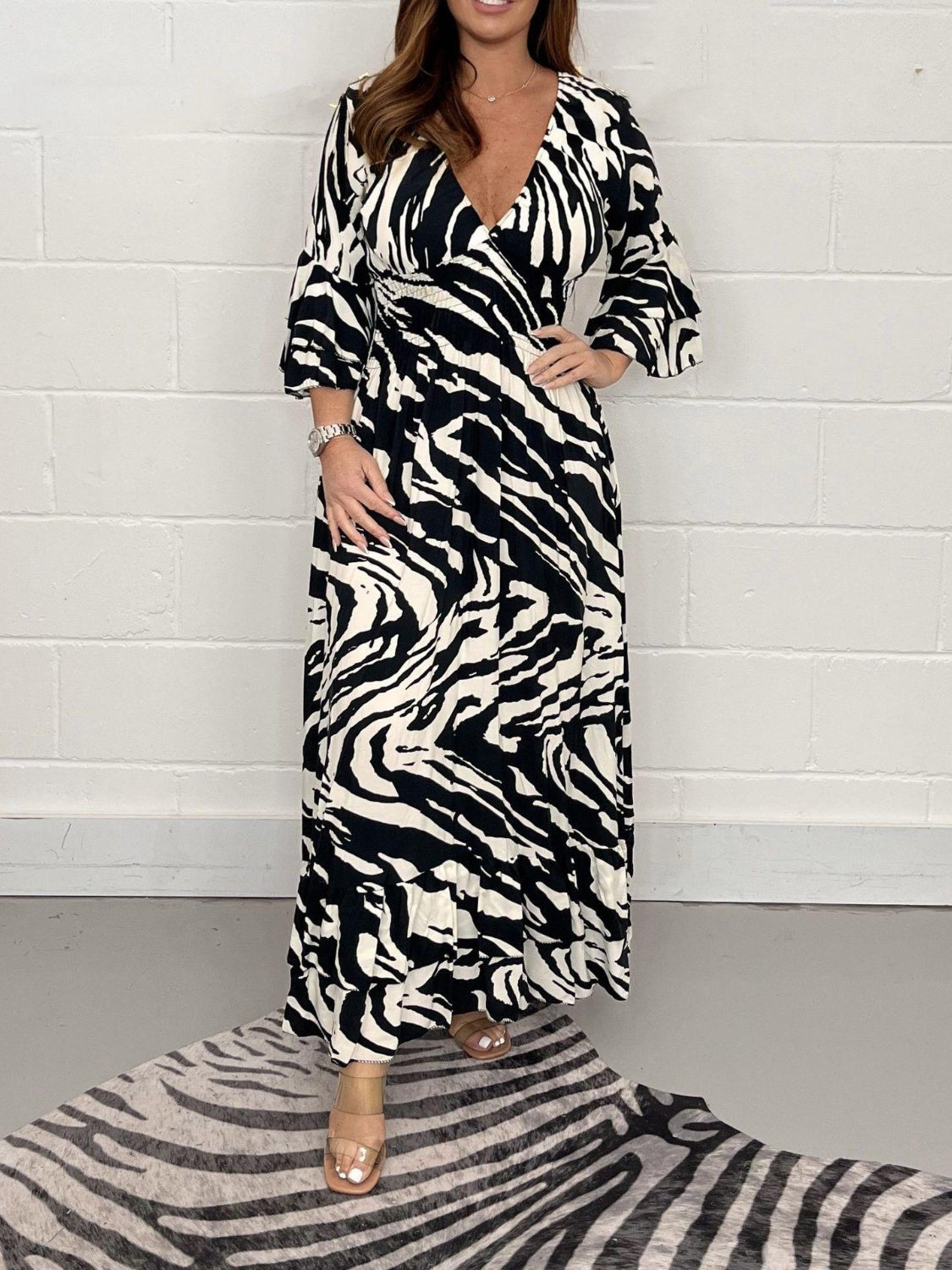 Elegant Smocked Printed Flounce Sleeve Maxi Dress - Perfect for Mexico Wedding Guest Dresses, Beach Weddings, and Summer Parties