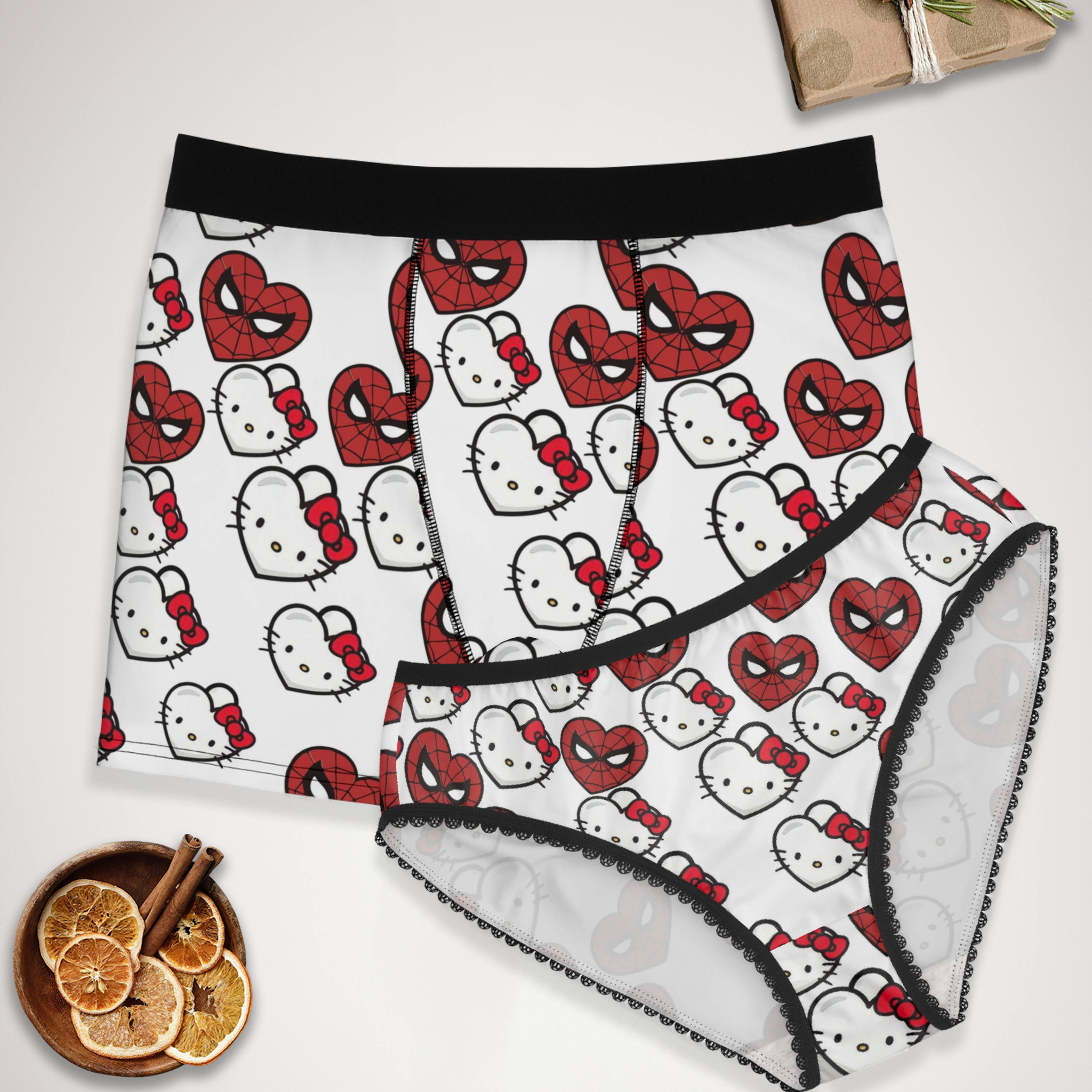 Couples matching kitty spider heart shape underwear set boxer & briefs