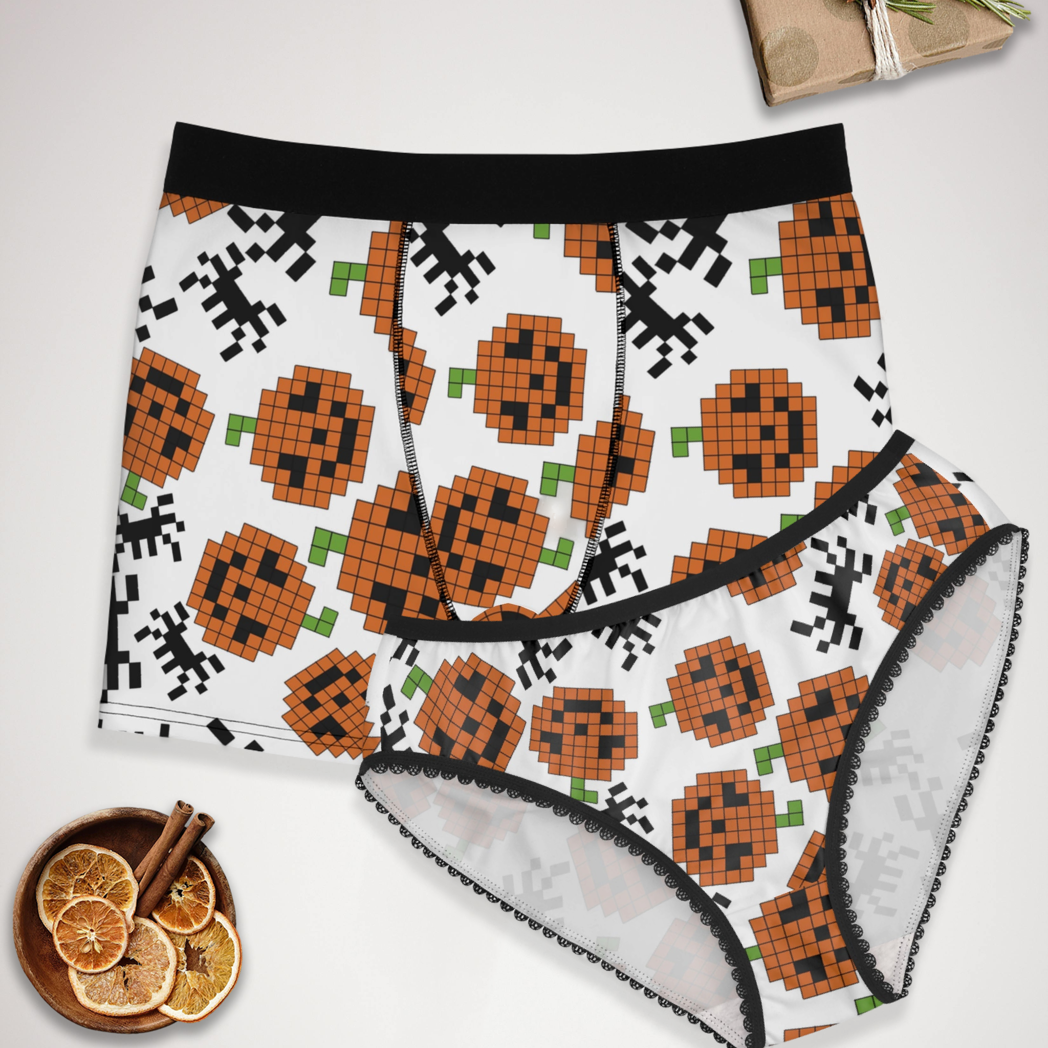 Couples matching pumpkin spider pixel halloween underwear set boxer & briefs