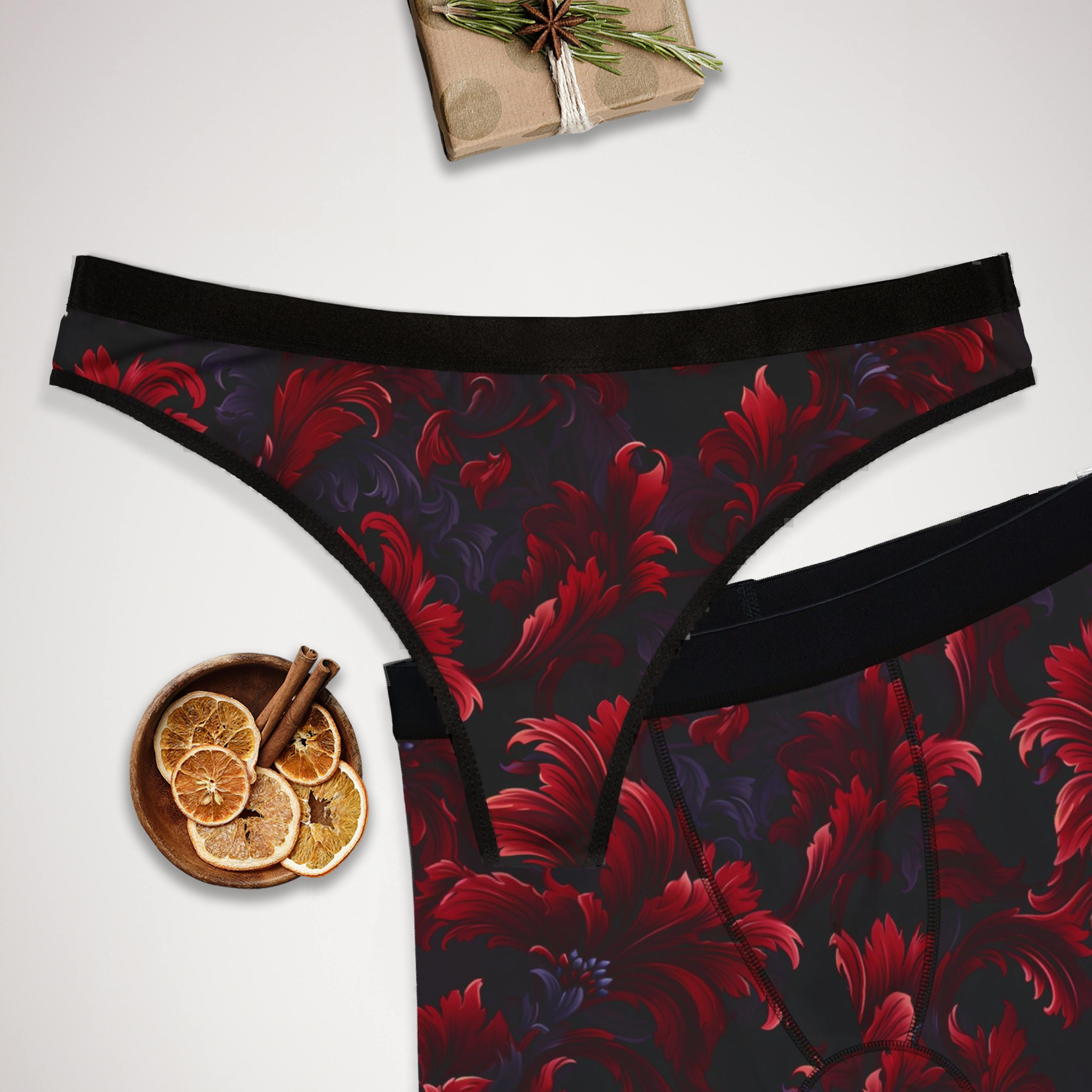 Matching underwear Red Damask for couples boxer & thong set