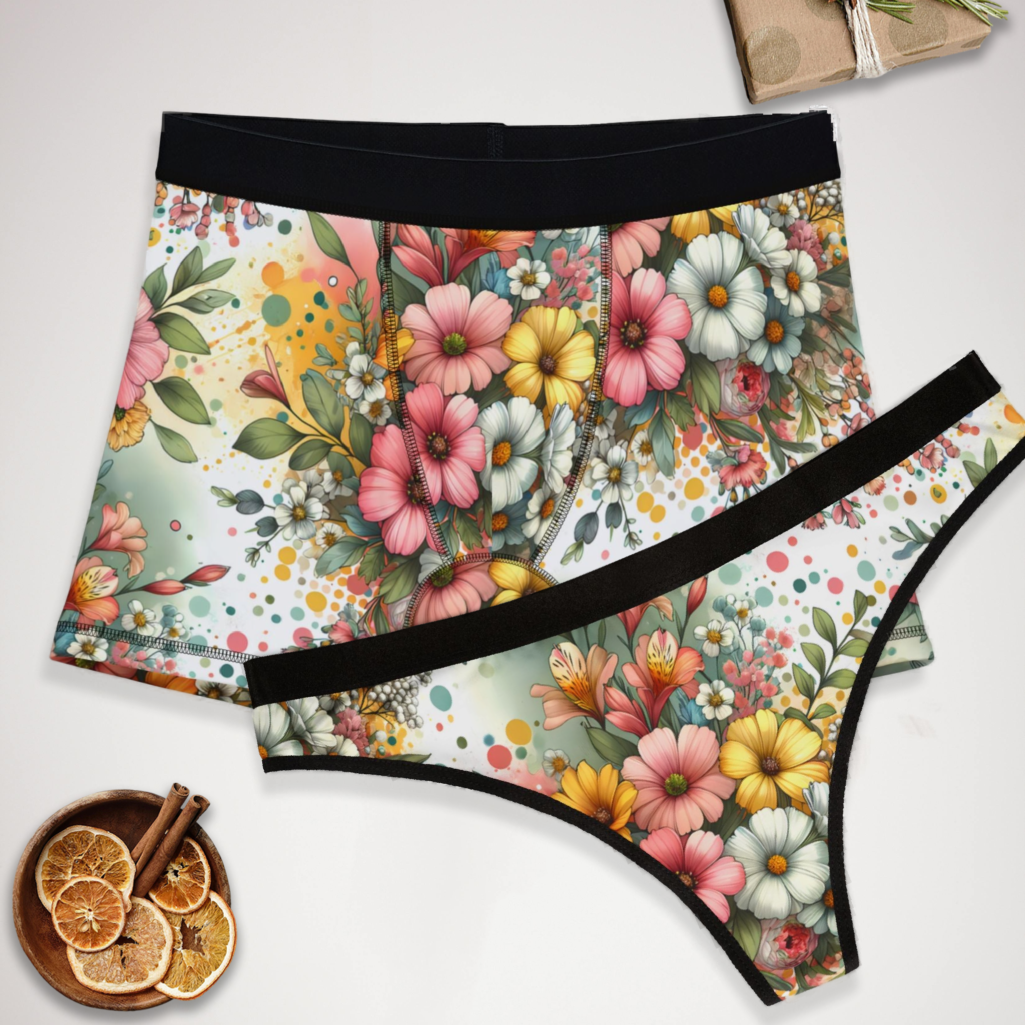 Matching underwear Vibrant Spring Floral for couples boxer & thong set
