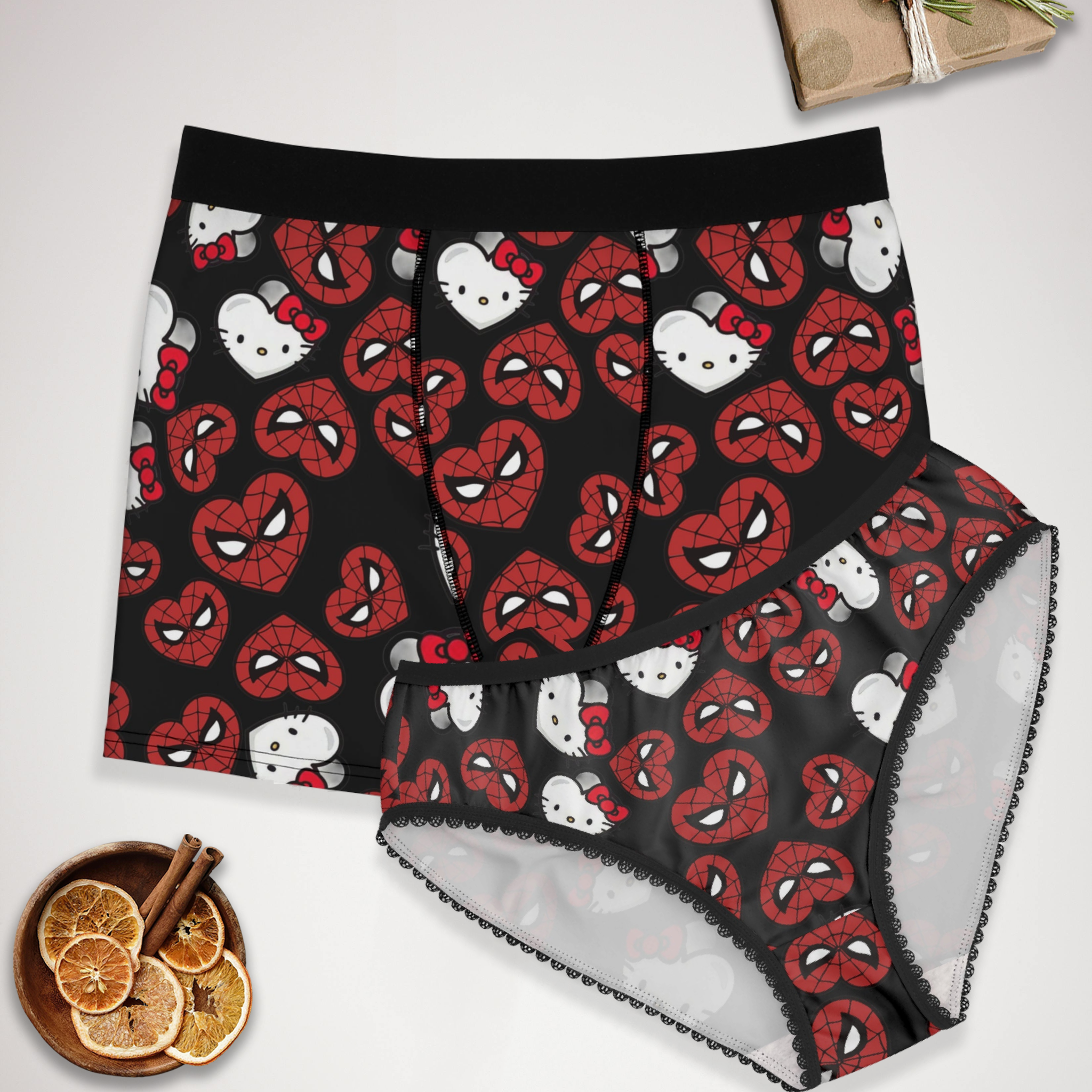 Couples matching spider kitty double hearts underwear set boxer & briefs