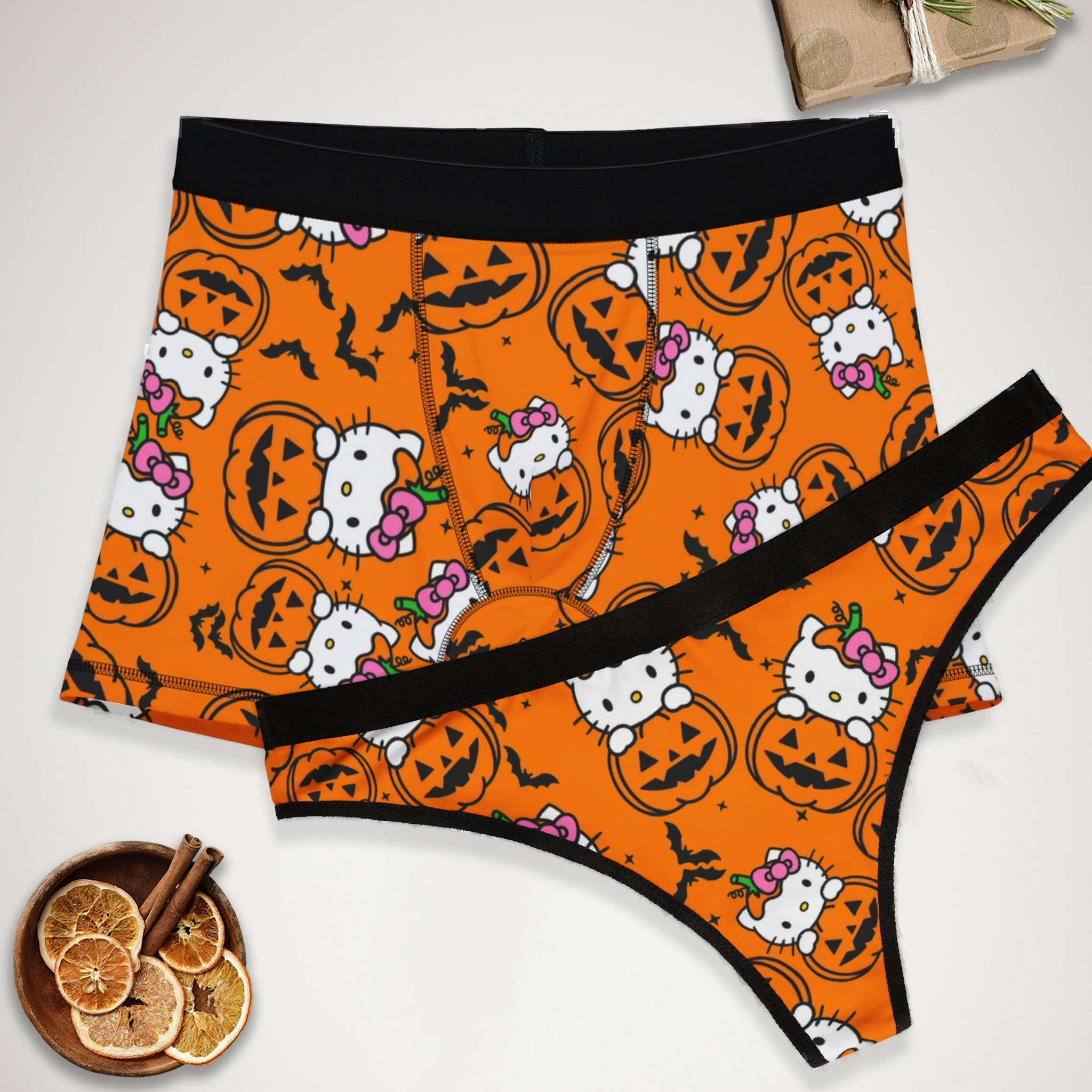 Couples matching  kitty hold pumpkin halloween underwear set boxer and thong