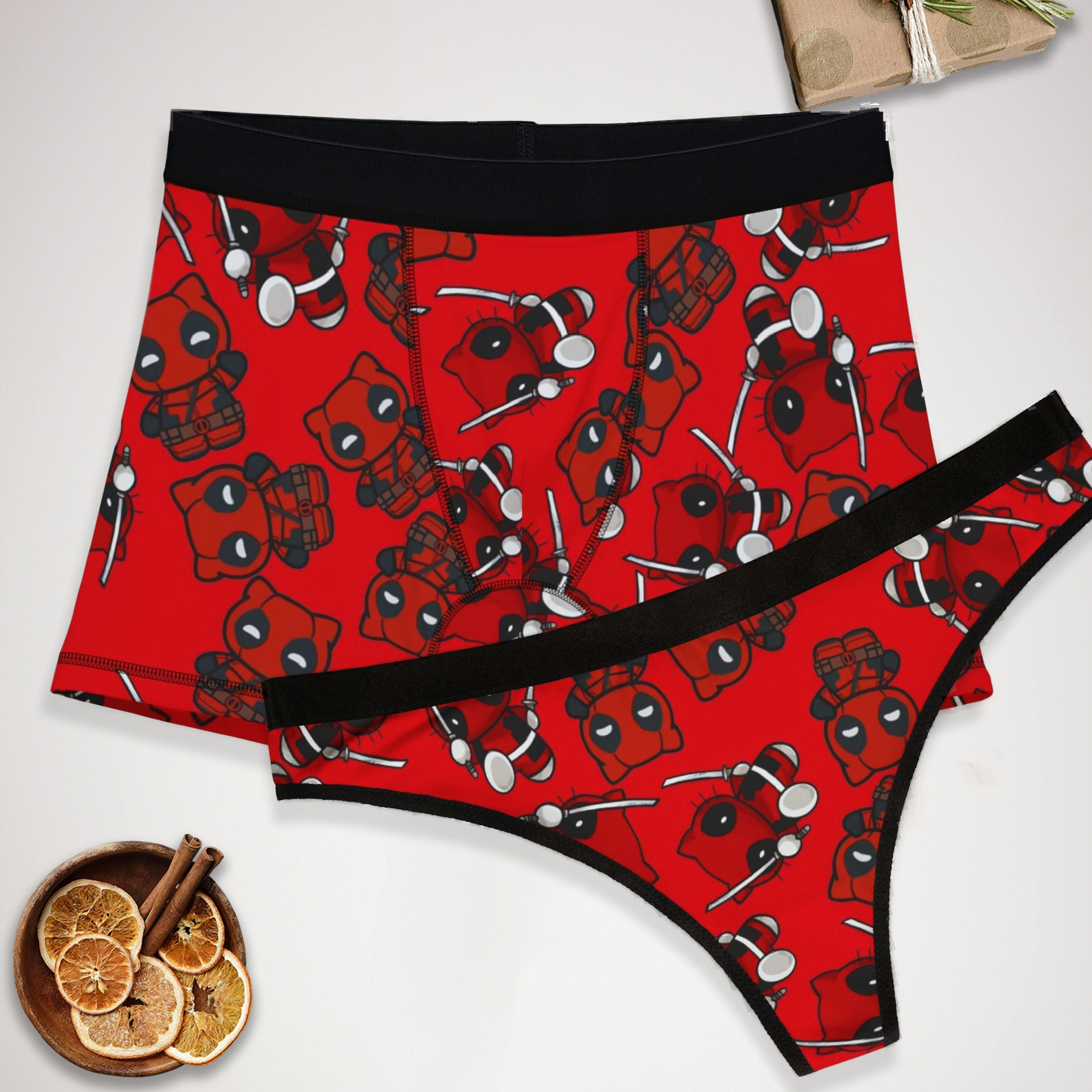 Matching underwear kitty deadpool for couples boxer & thong set