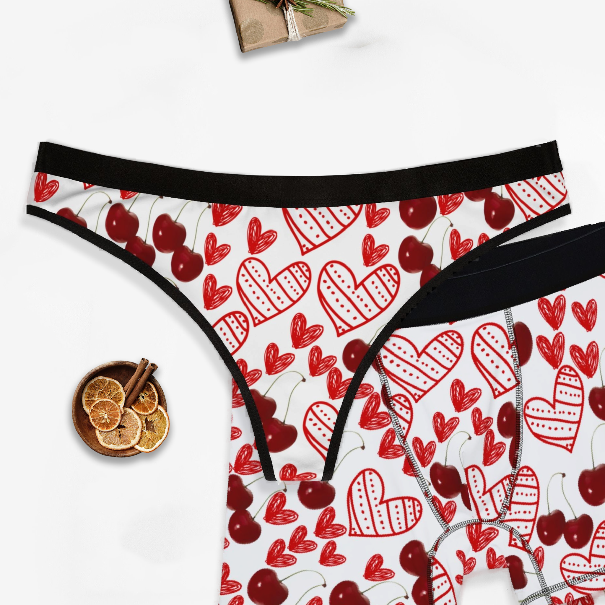 Couples matching  cherry and  sweet hearts white character underwear set boxer and thong