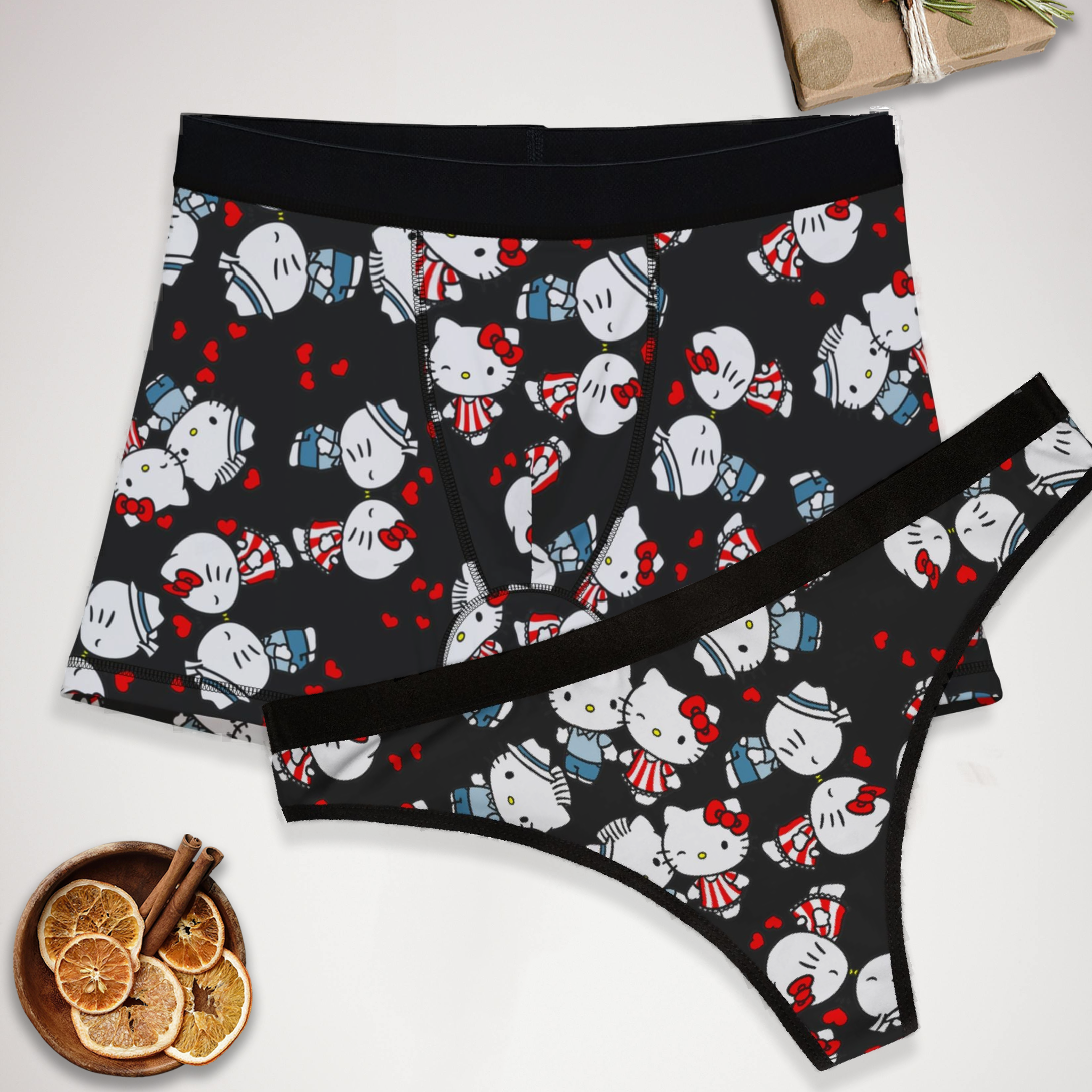 Couples matching  kitty kiss wedding underwear set boxer and thong