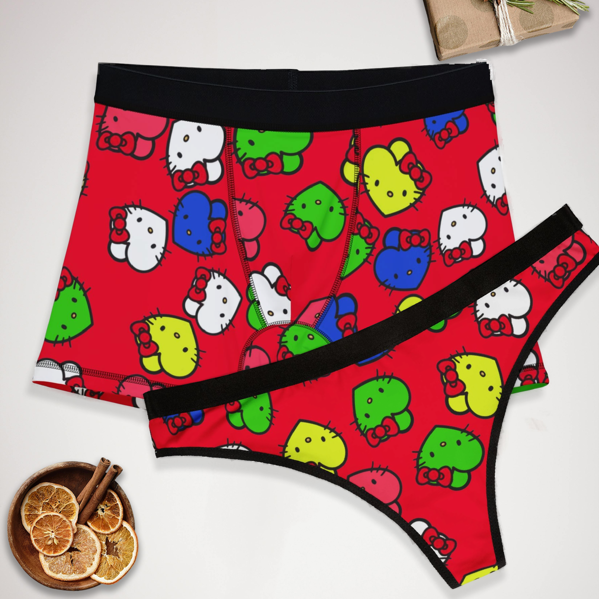 Couples matching  kitty hearts multi colors underwear set boxer and thong