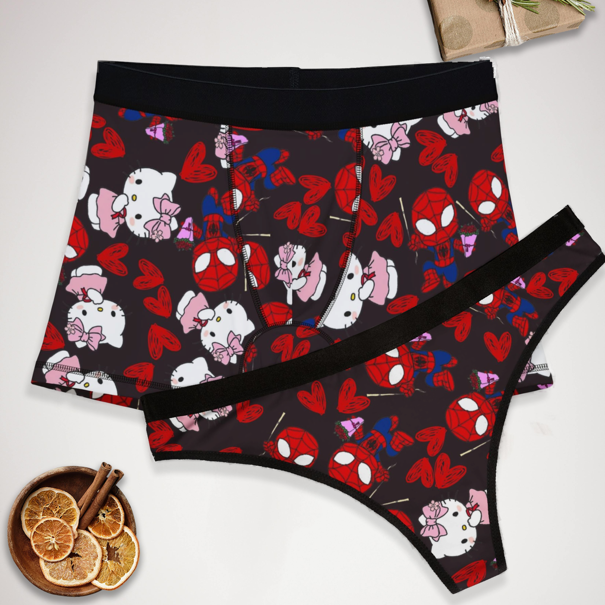 Couples matching  spider kitty flower underwear set boxer and thong