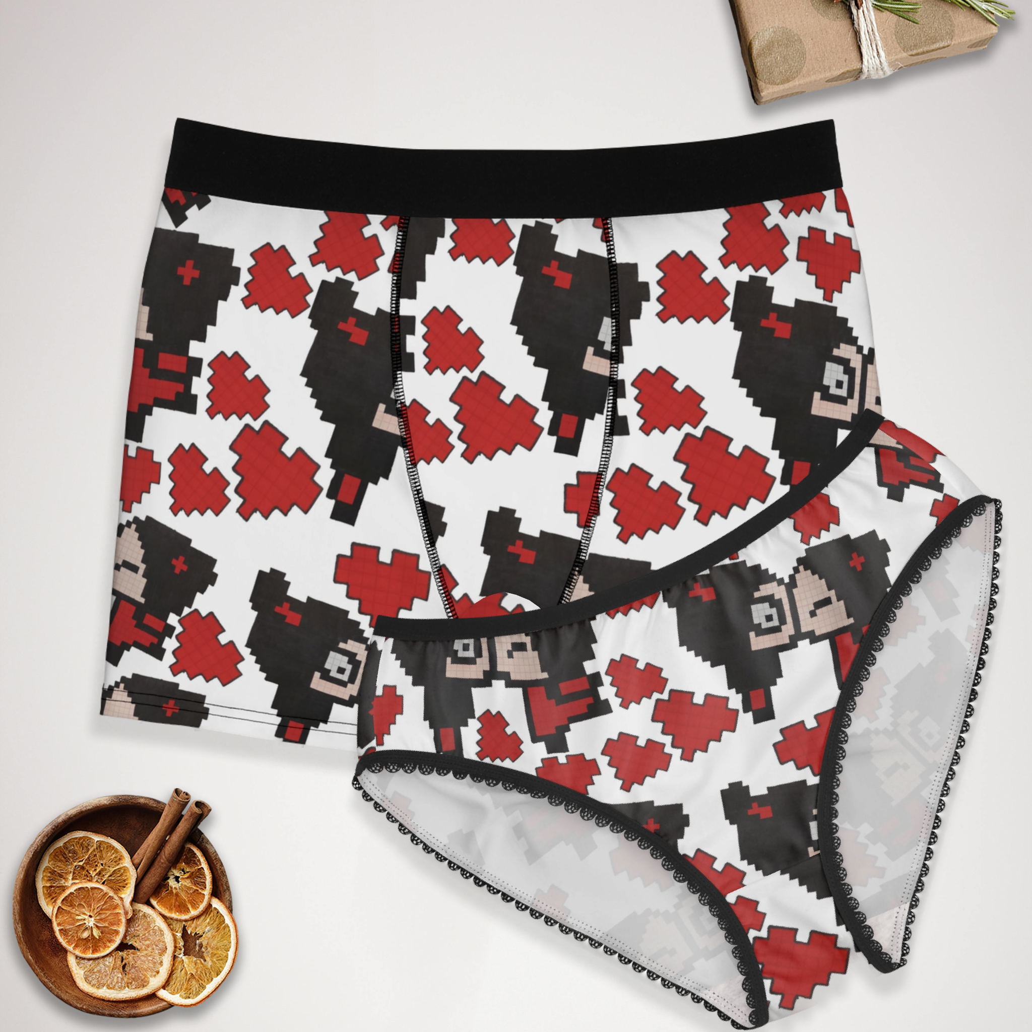 Couples matching pixel pucca kiss heart underwear set boxer & briefs