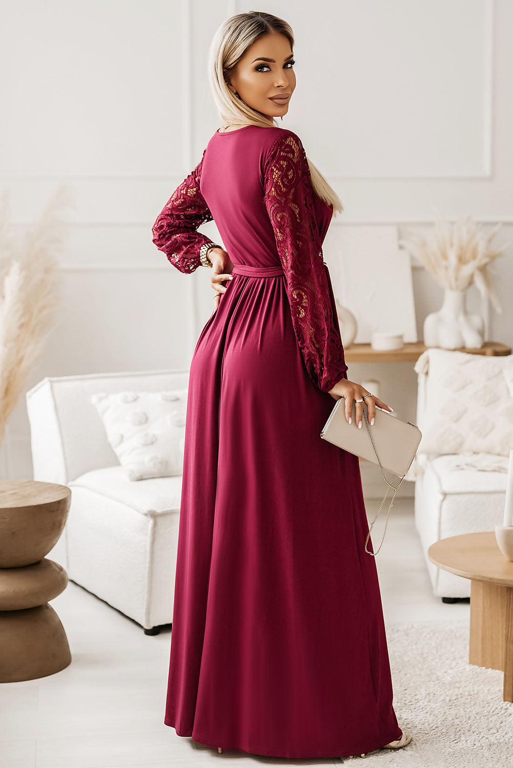Affordable Cute Lace Detail Surplice Tie-Waist Maxi Dress - Perfect for Homecoming, Snowcoming 2024 Hoco Events