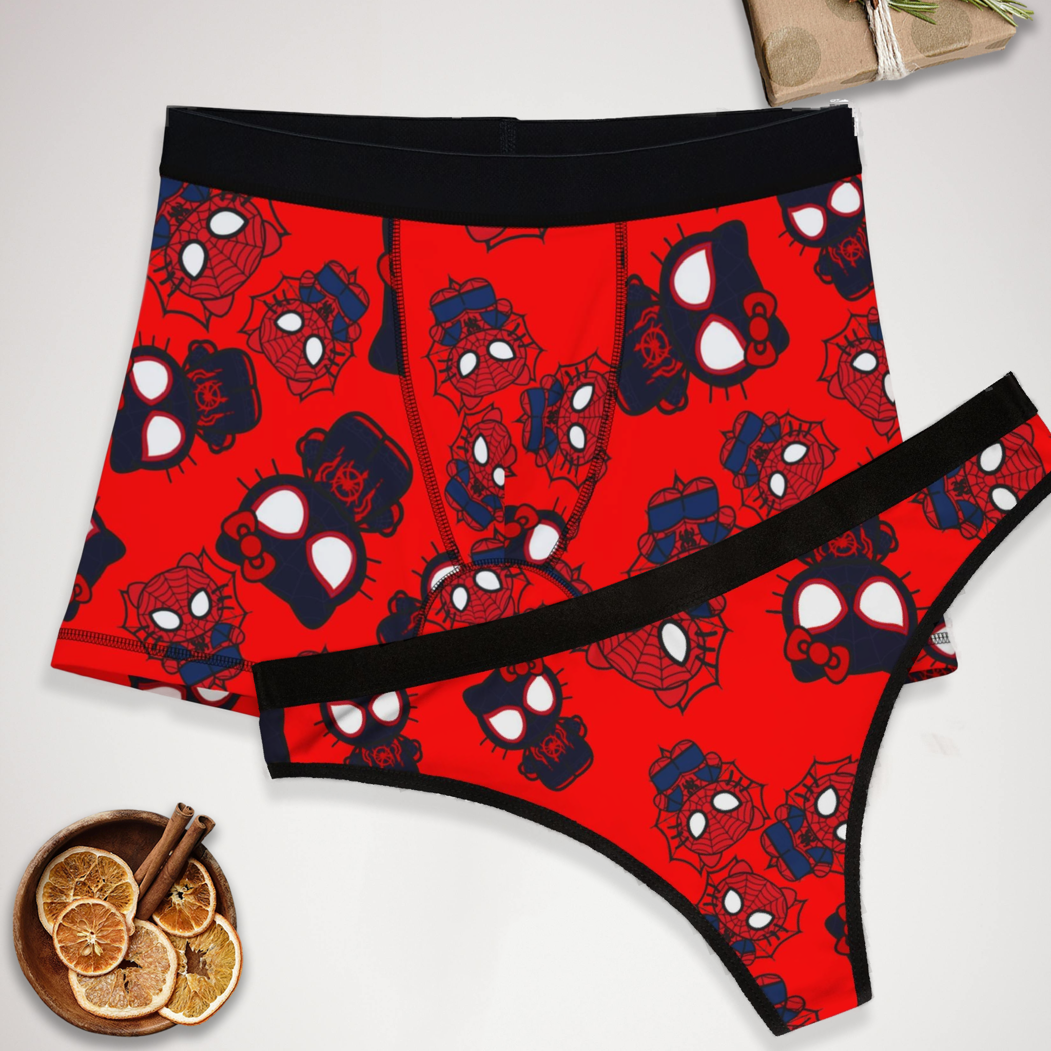 Couples matching  kitty spider dark character underwear set boxer and thong