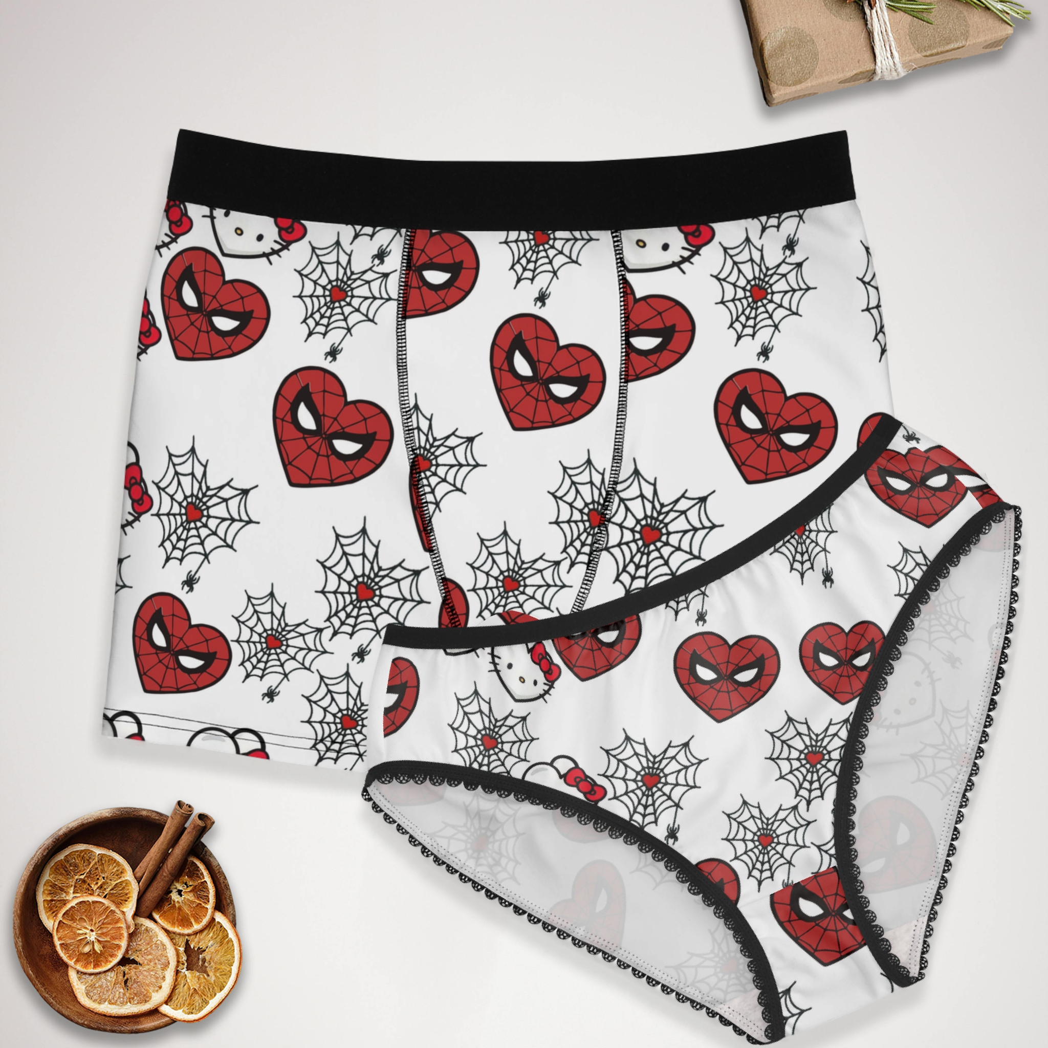 Couples matching spider kitty heart web underwear set boxer & briefs