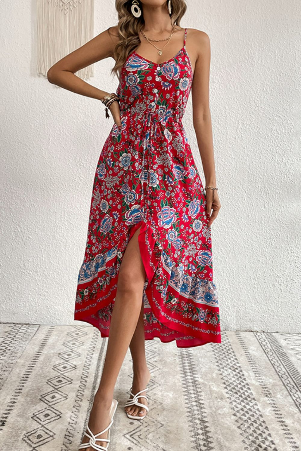 Bohemian Spaghetti Strap Dress with Decorative Buttons - Perfect Summer Beach Wedding Guest Dress for Women