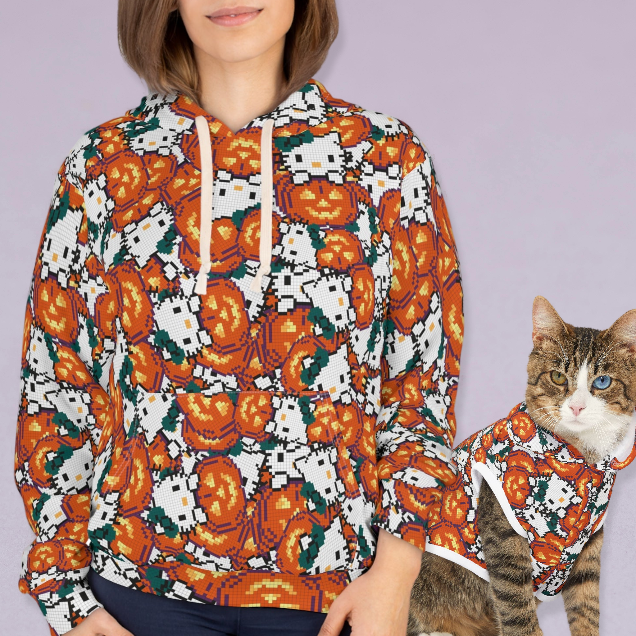 Matching Cat & Dog Pet and Owner Outfits kitty pumpkin halloween pixel unisex sweaters/hoodies