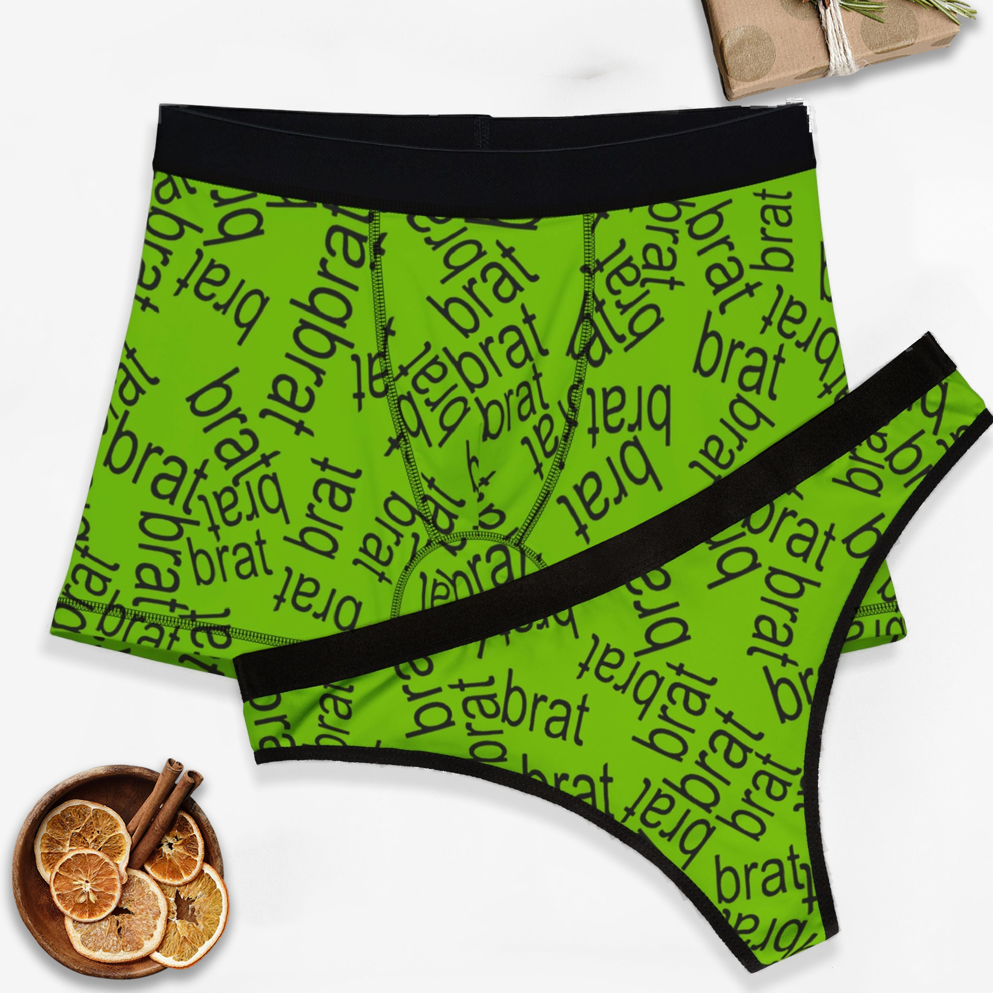 Couples matching  brat charli xcx green character underwear set boxer and thong