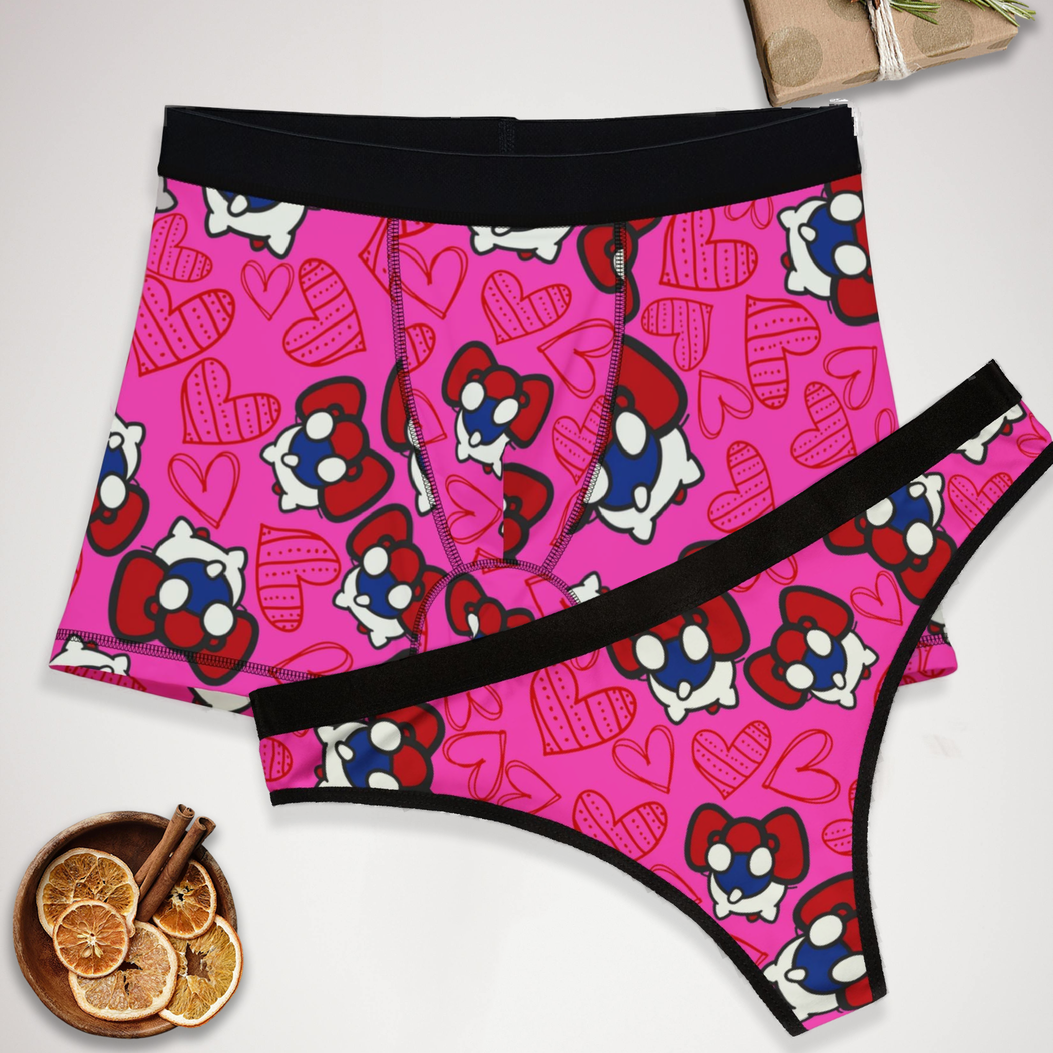 Couples matching  cherry kitty back heart character underwear set boxer and thong