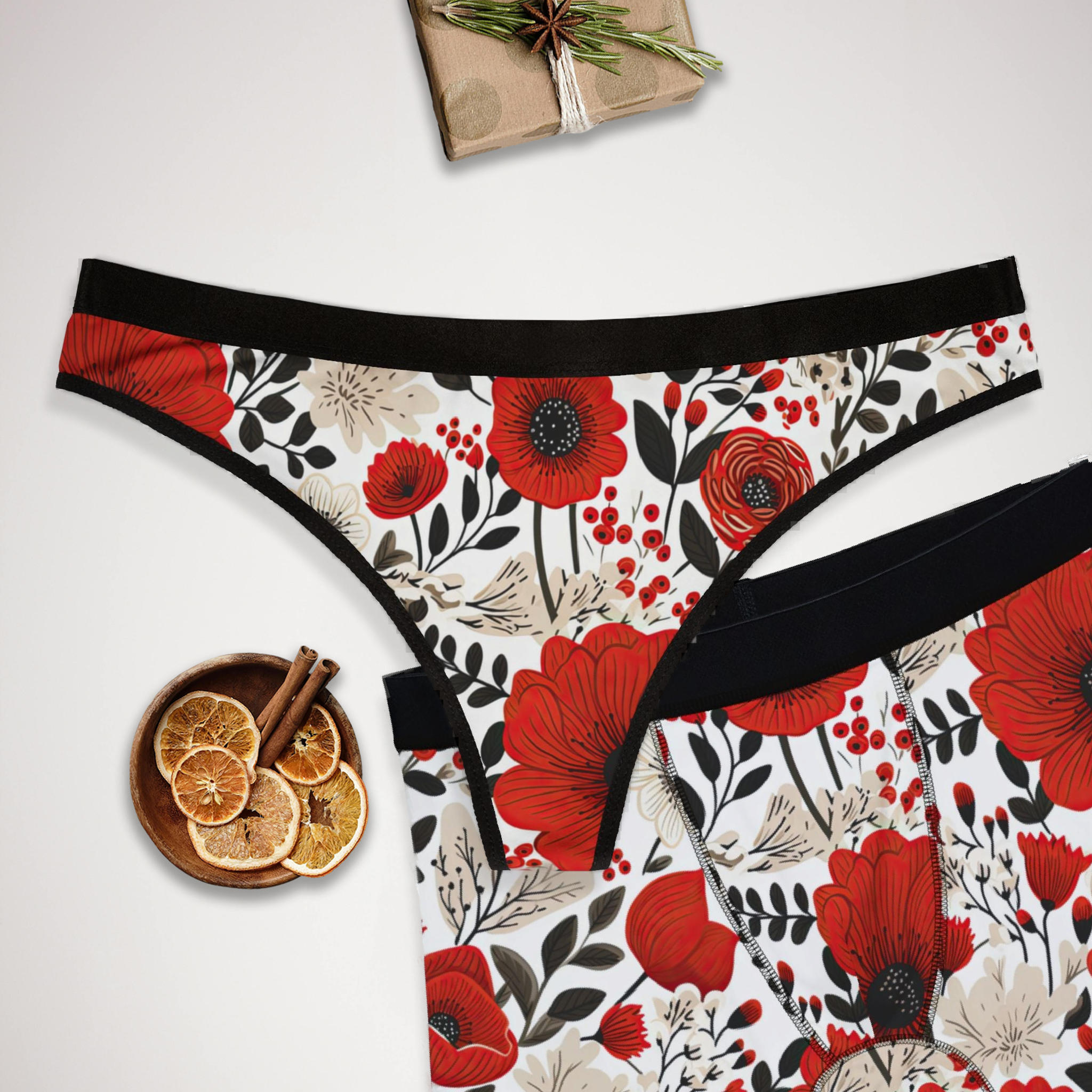 Matching underwear Cute Red Flowers One One for couples boxer & thong set