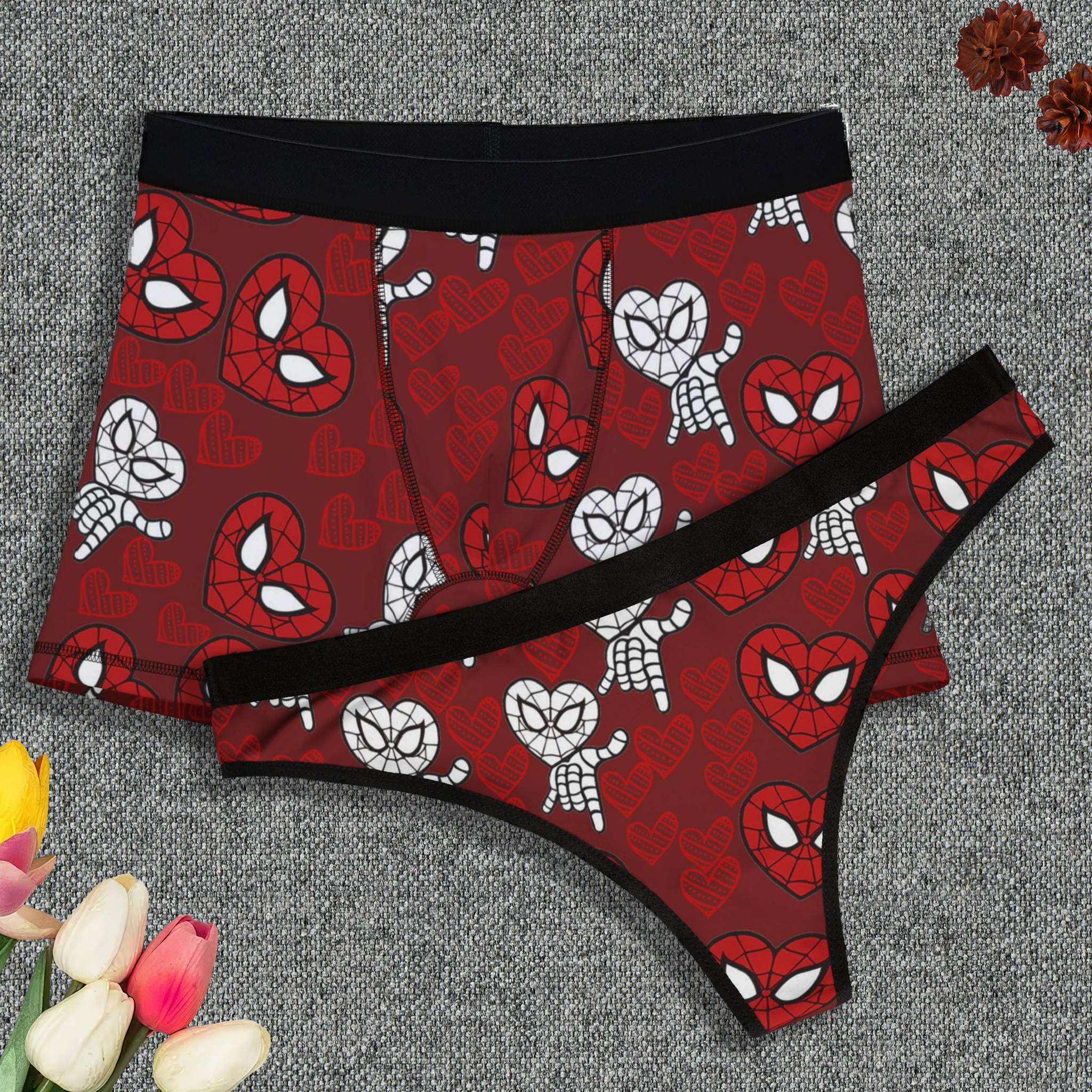 Couples matching  spider heart red character underwear set boxer and thong