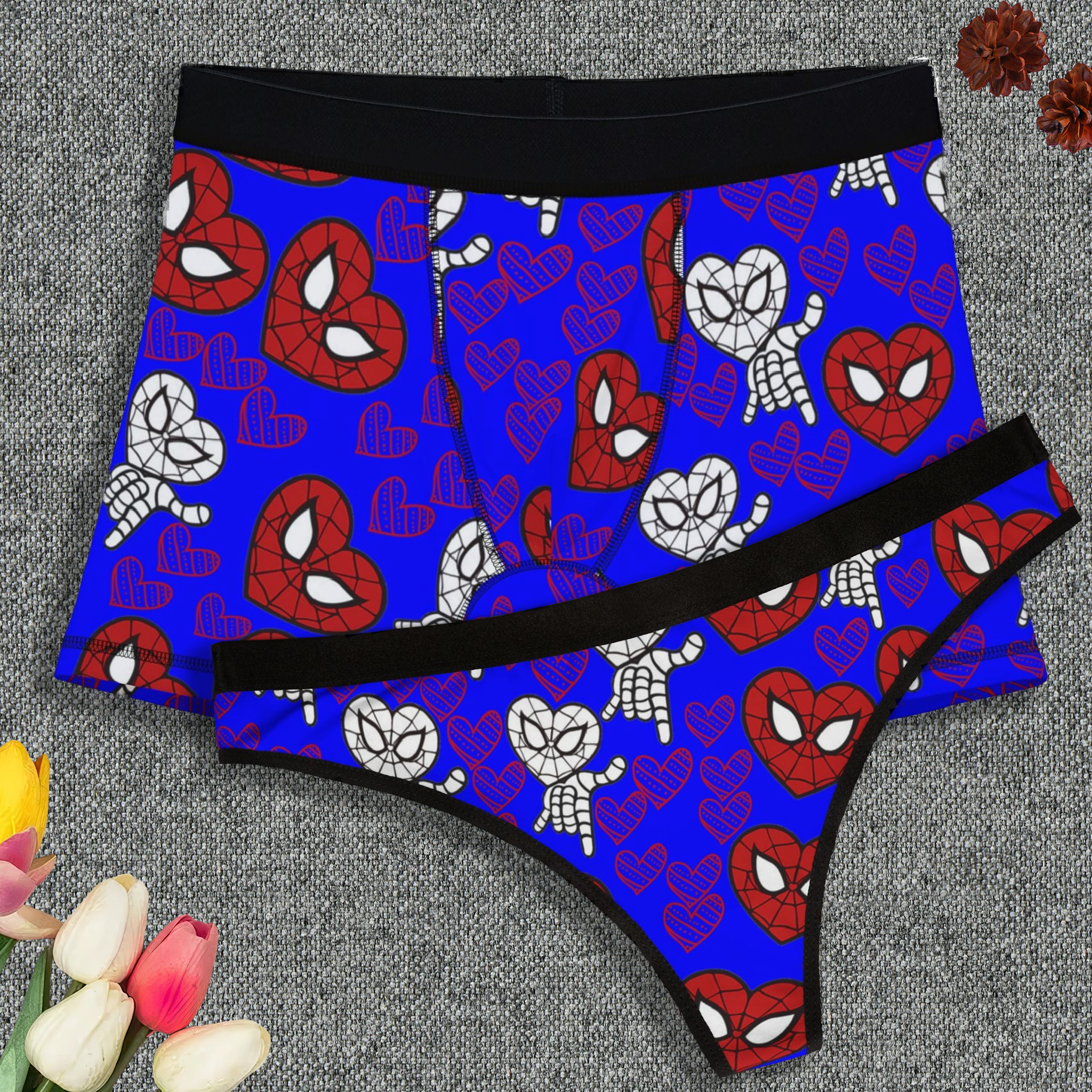 Couples matching  spider heart blue character underwear set boxer and thong