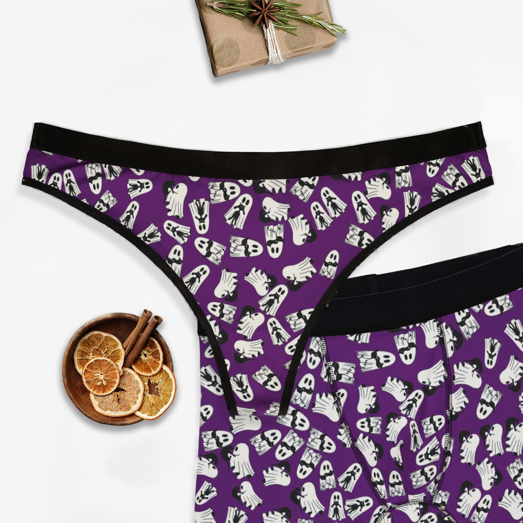 Couples matching halloween cute ghost cat violet character underwear set boxer and thong