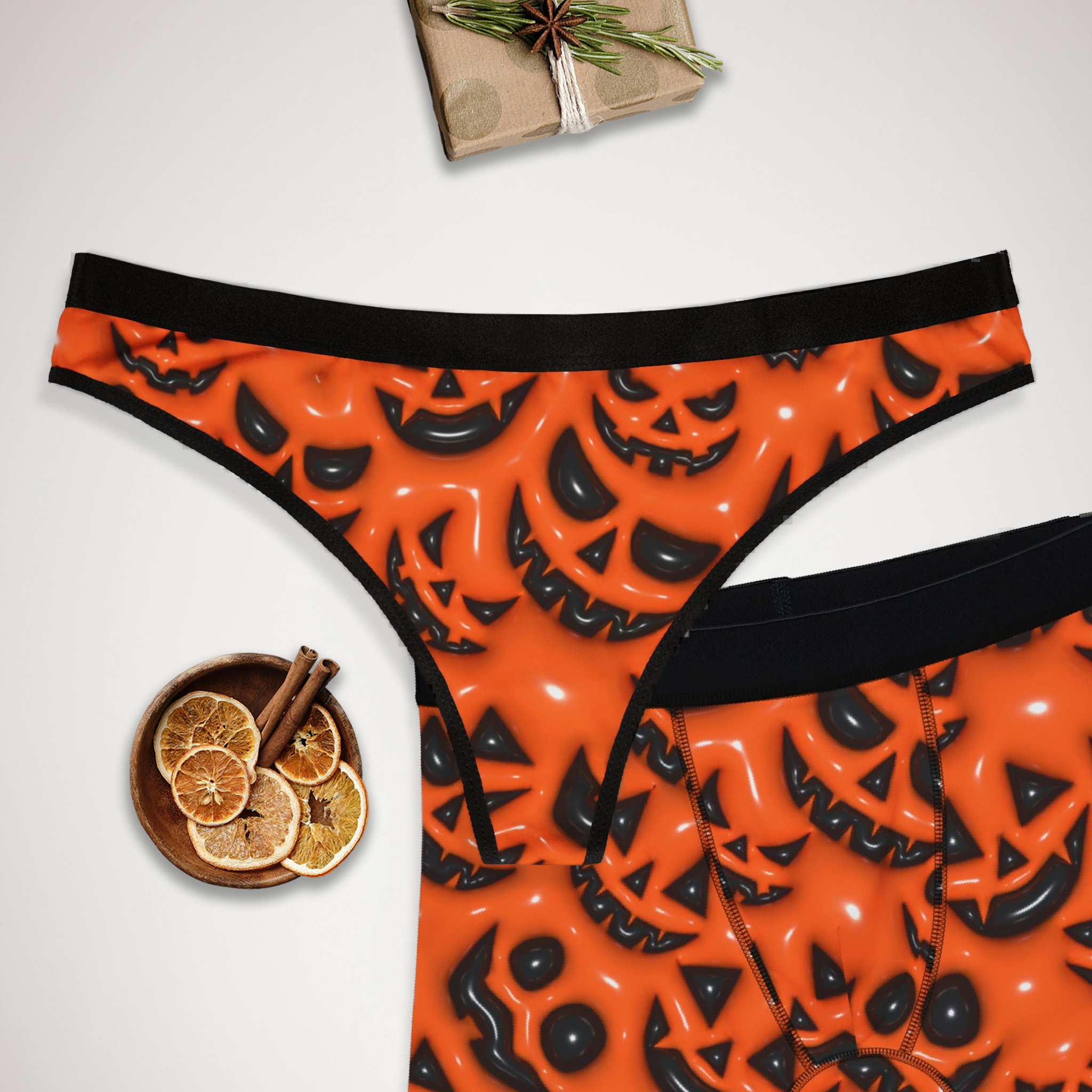 Matching underwear Inflate Halloween Pumpkin Face for couples boxer & thong set