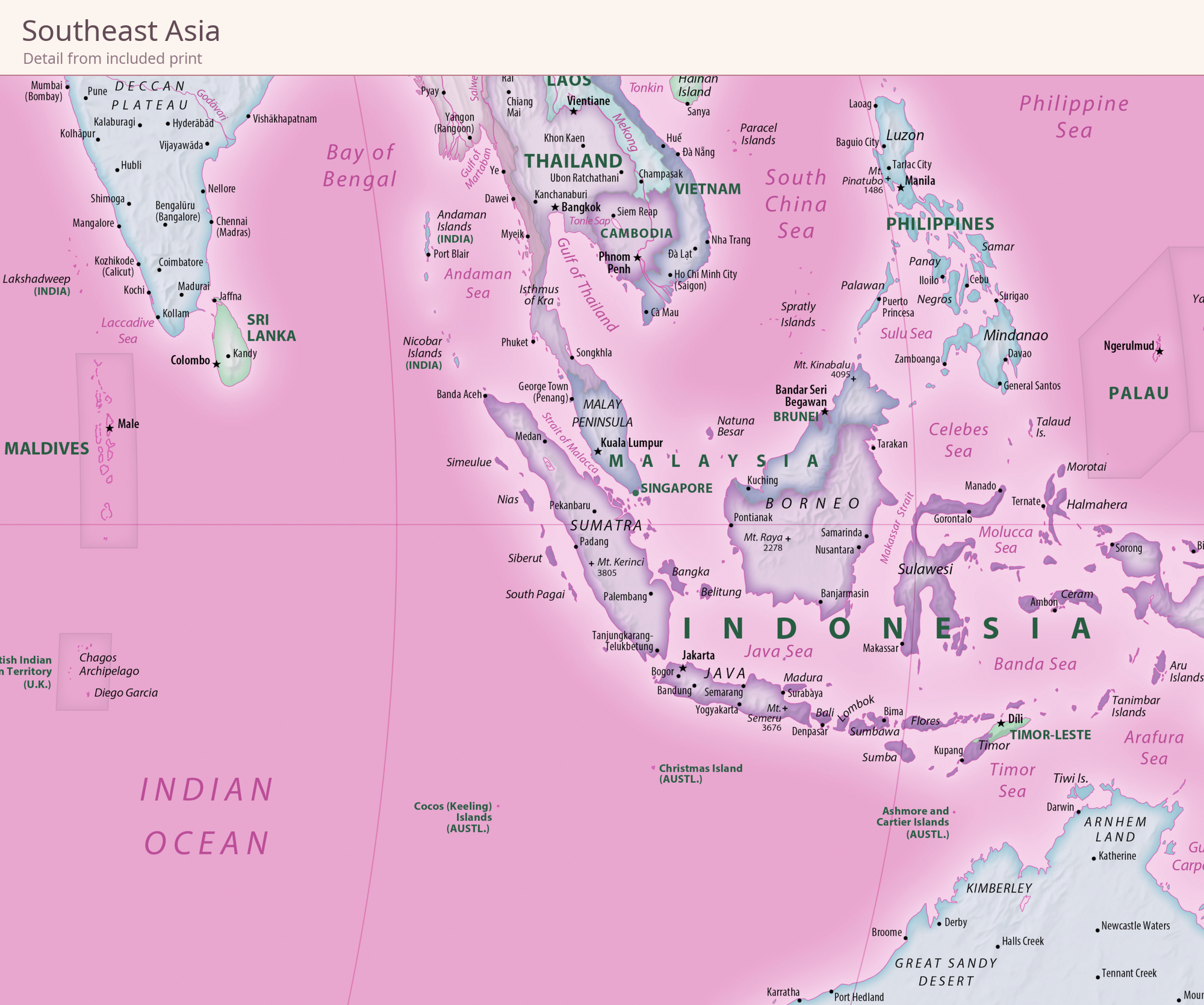 Equal Earth New World Map — Blush Studio. Southeast Asia detail cropped from the actual included high-resolution print, showing original map features and place labels.