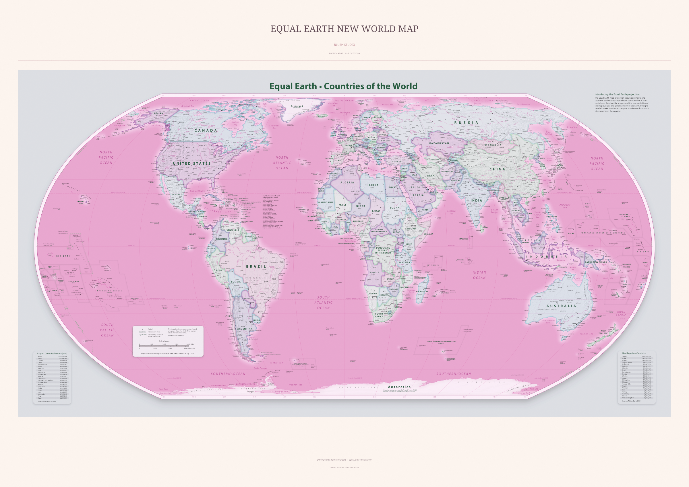 Equal Earth New World Map — Blush Studio. Complete political artwork from the A0 print. Digital PDF and PNG only.