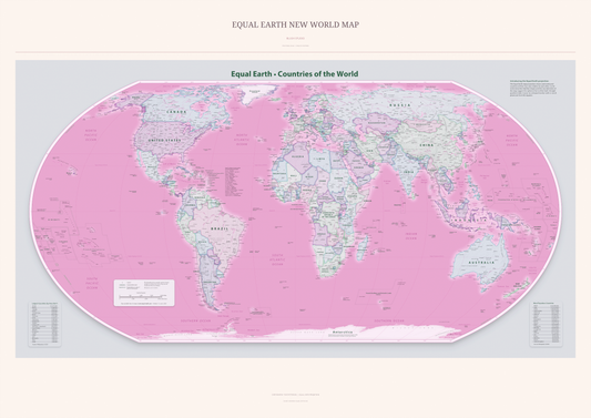 Equal Earth New World Map — Blush Studio. Complete political artwork from the A0 print. Digital PDF and PNG only.