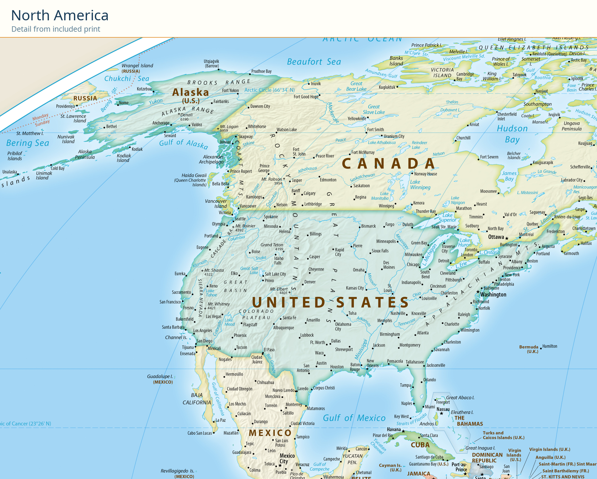 Equal Earth New World Map — Bright Classroom. North America detail cropped from the actual included high-resolution print, showing original map features and place labels.