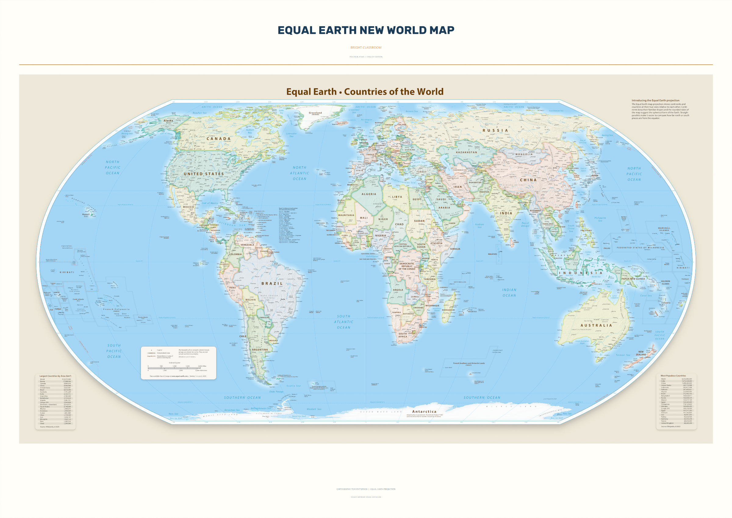 Equal Earth New World Map — Bright Classroom. Complete political artwork from the A0 print. Digital PDF and PNG only.