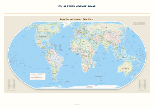 Equal Earth New World Map — Bright Classroom. Complete political artwork from the A0 print. Digital PDF and PNG only.