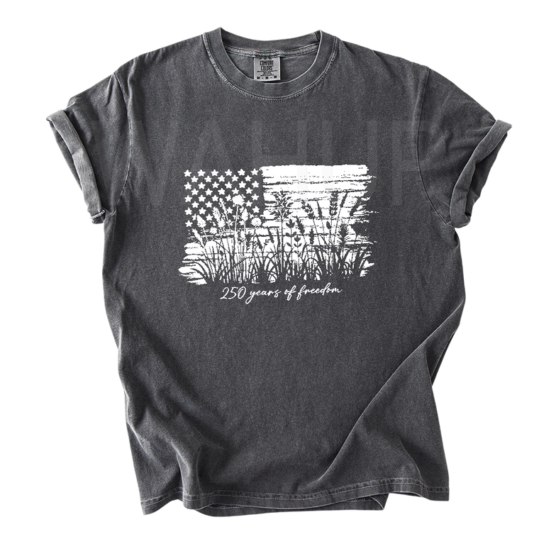 Comfort Colors T-Shirt 1717 Womens Patriotic V Neck, 250 Years of Freedom Floral, America 250, Fourth of July Wildflower Top, 250th Anniversary VNeck Tee