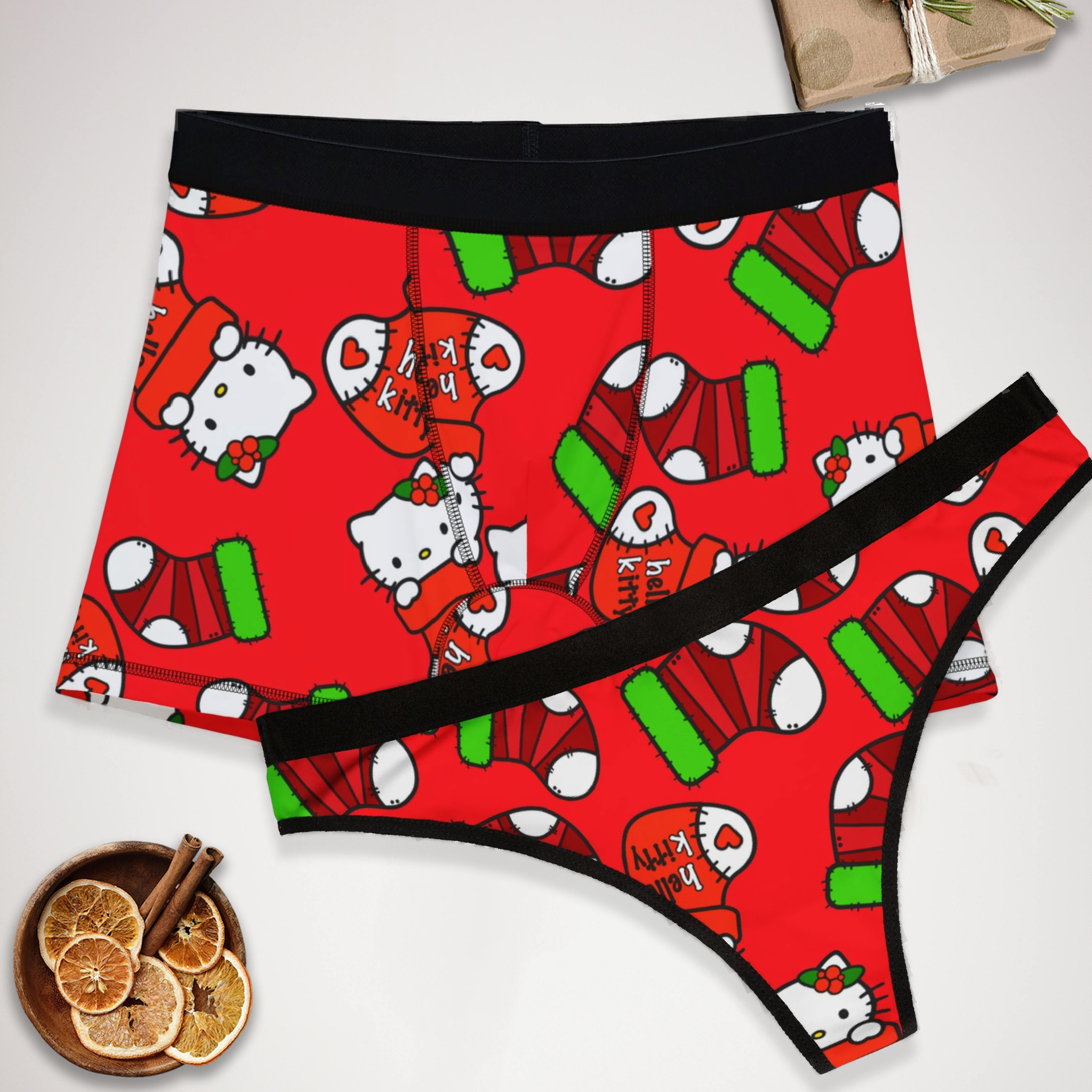 Couples matching  kitty socks noel christmas underwear set boxer and thong