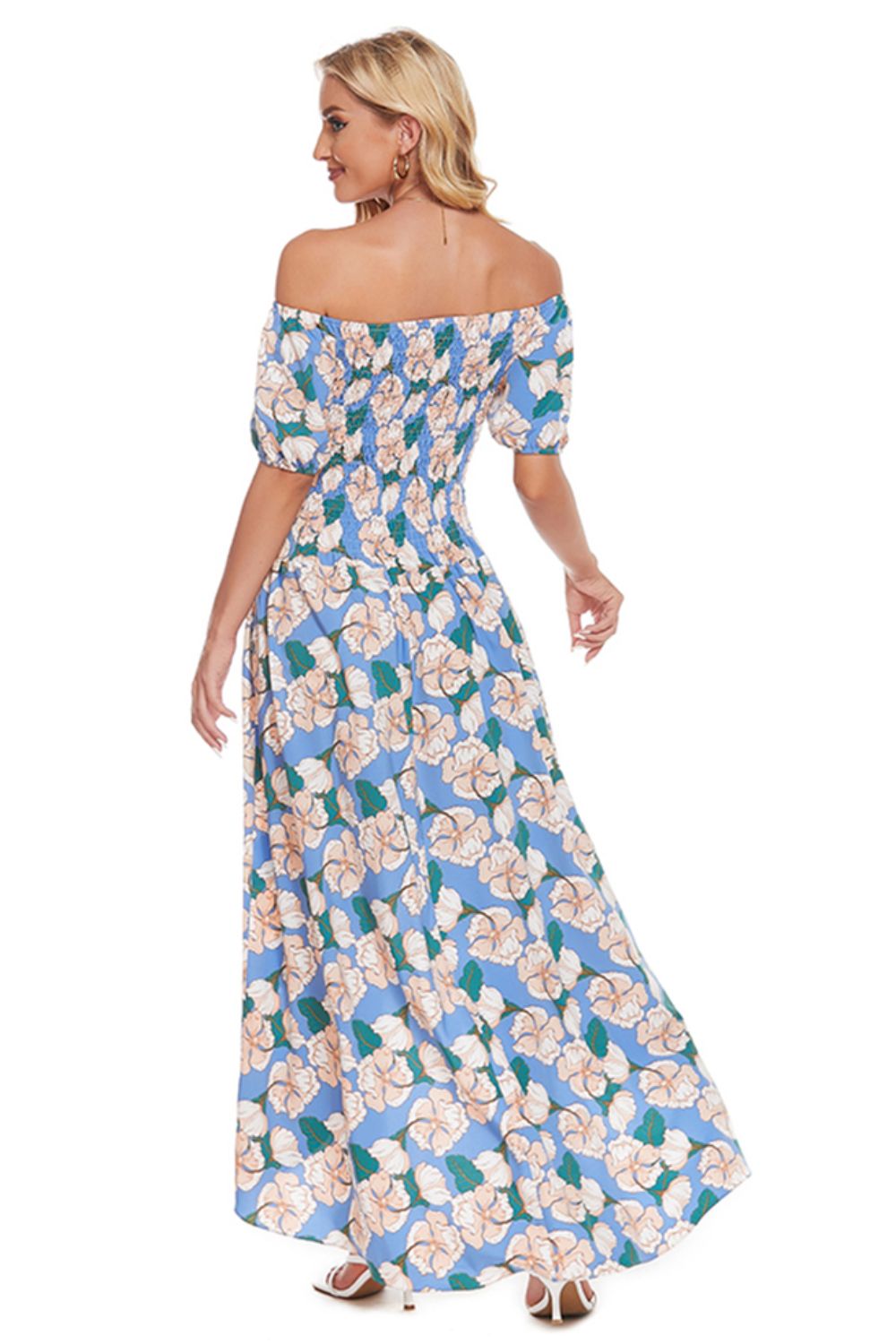 Summer Beach Floral Maxi Dress for Women - Off-Shoulder Slit Wedding Guest Attire