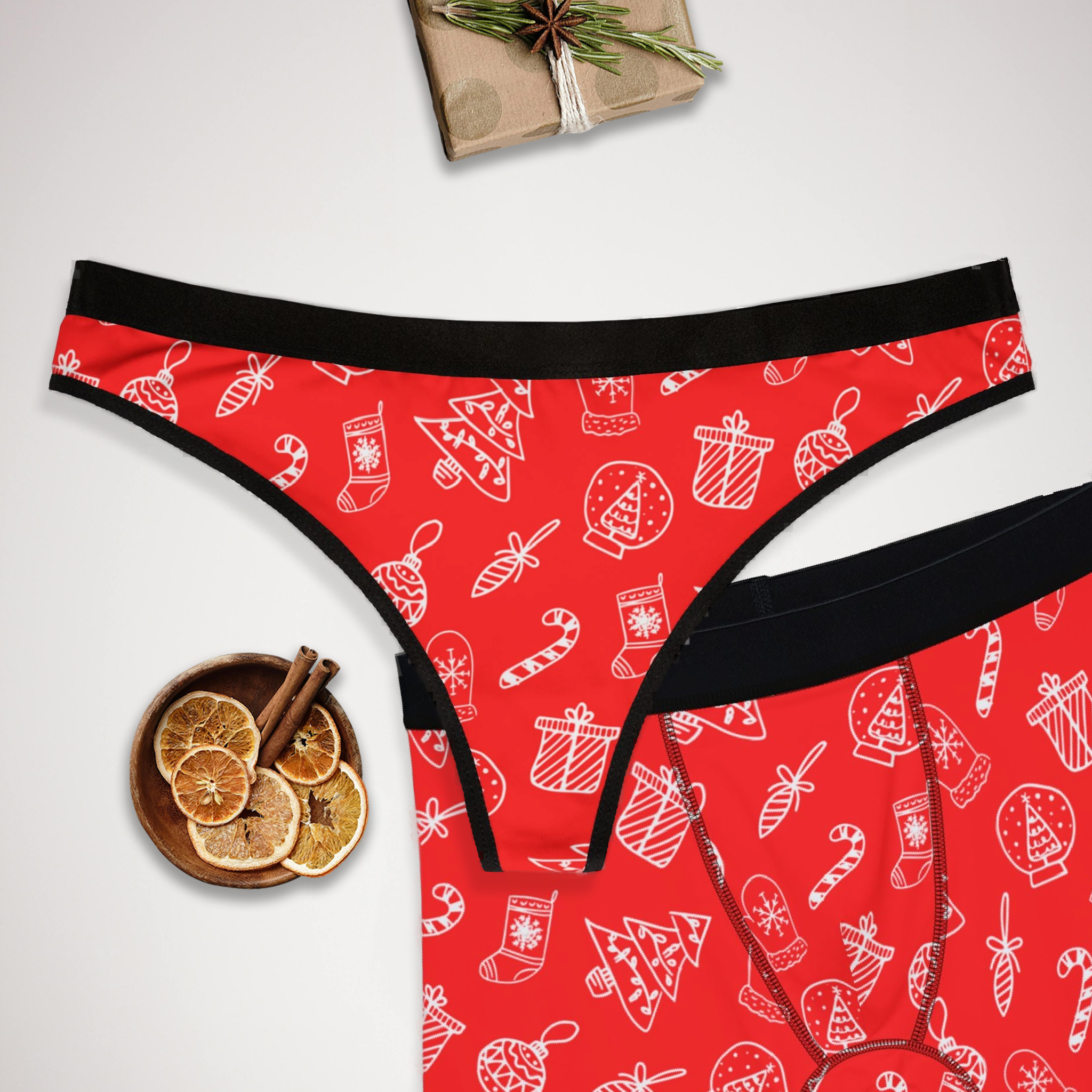 Matching underwear Red White Christmas for couples boxer & thong set
