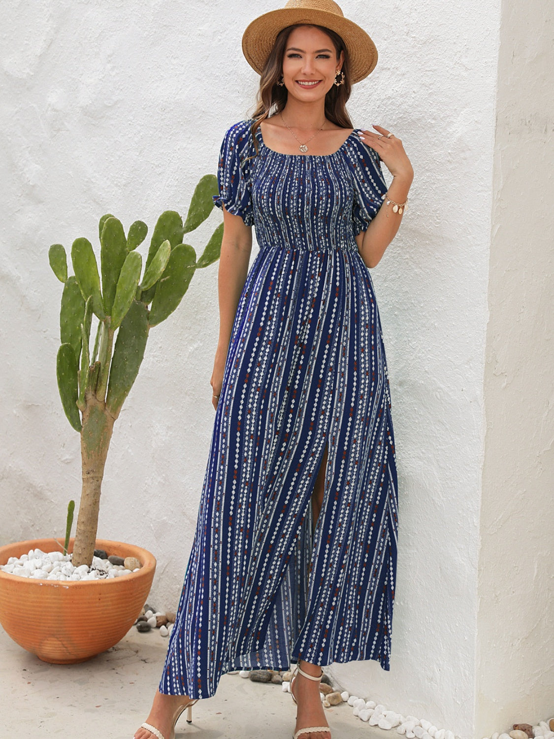 Elegant Mexico Wedding Guest Dresses: Stylish Slit Printed Short Sleeve Dress for Memorable Celebrations – Perfect for Beach or Garden Venues
