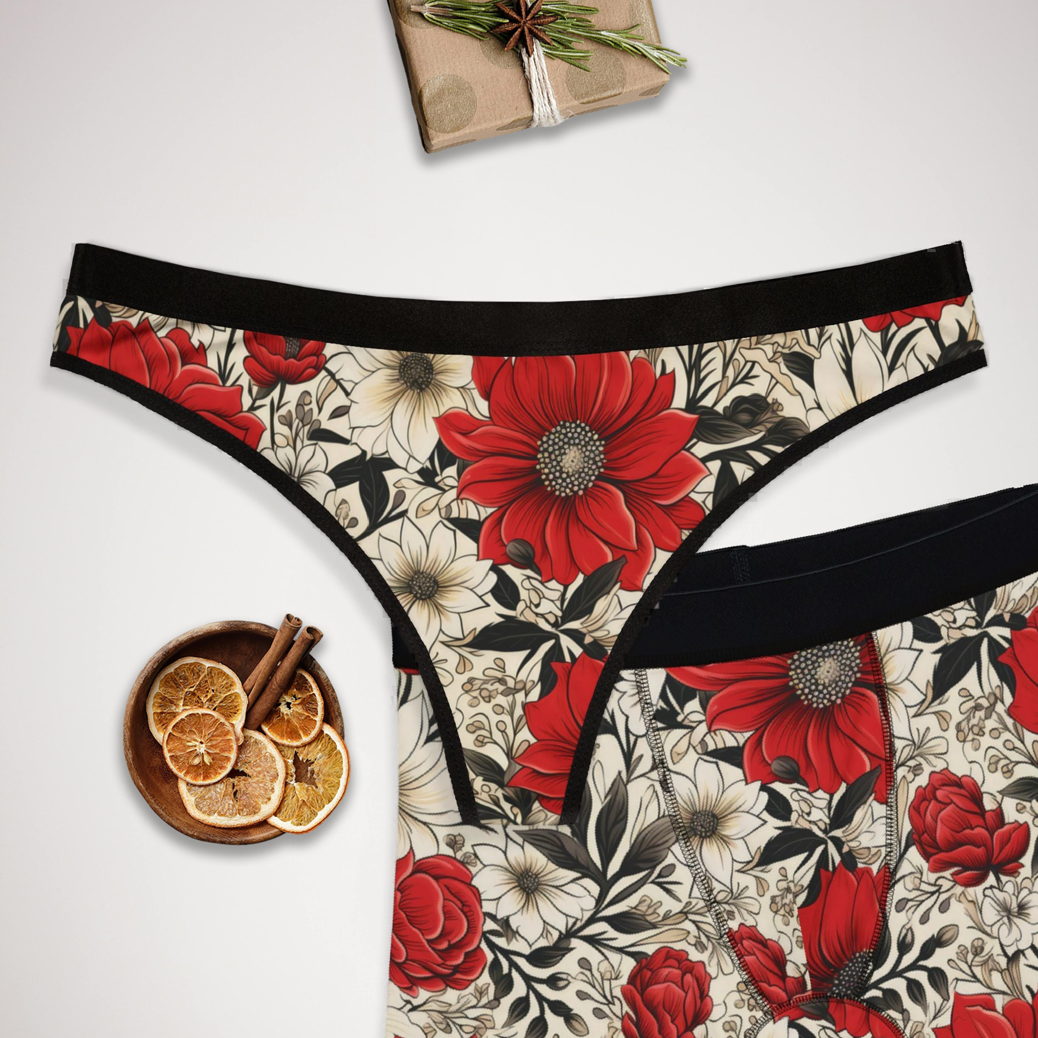 Matching underwear Cute Red Flowers for couples boxer & thong set