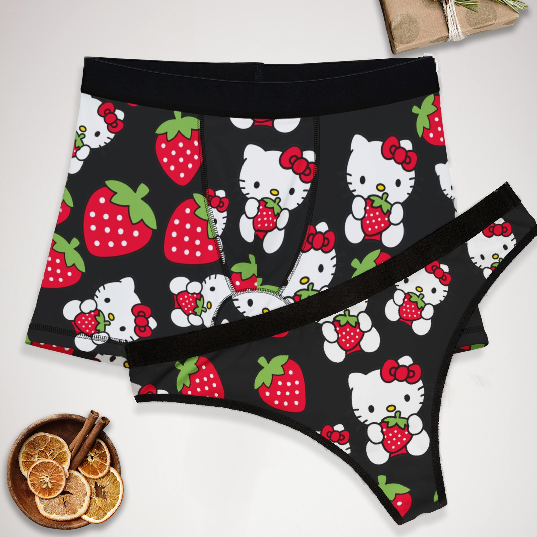 Couples matching  kitty strawberry valentine love underwear set boxer and thong