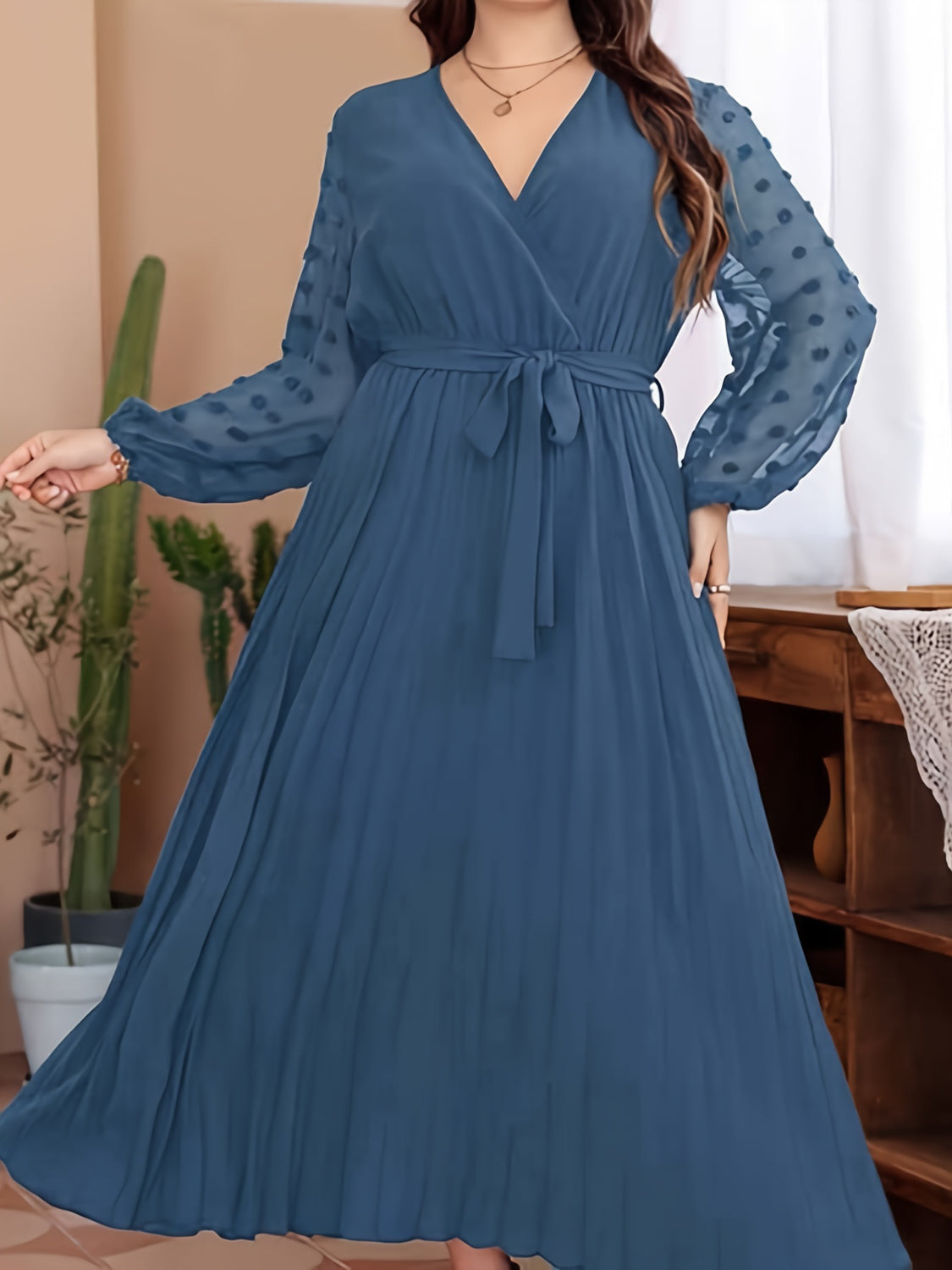 Elegant Plus Size Swiss Dot Tie Waist Maxi Dress for Beach Wedding Guests - Perfect Fit for Plus Size Beach Wedding Attire and Comfortable Style.