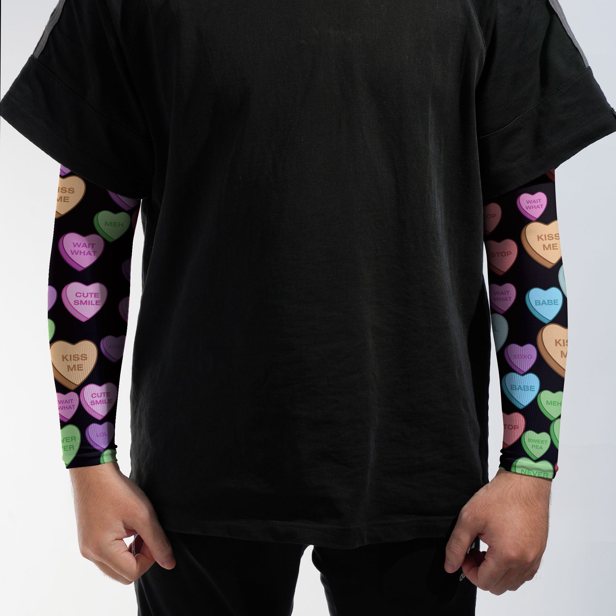 Arm Sleeves Candy Heart Sweet Valentine Message Black