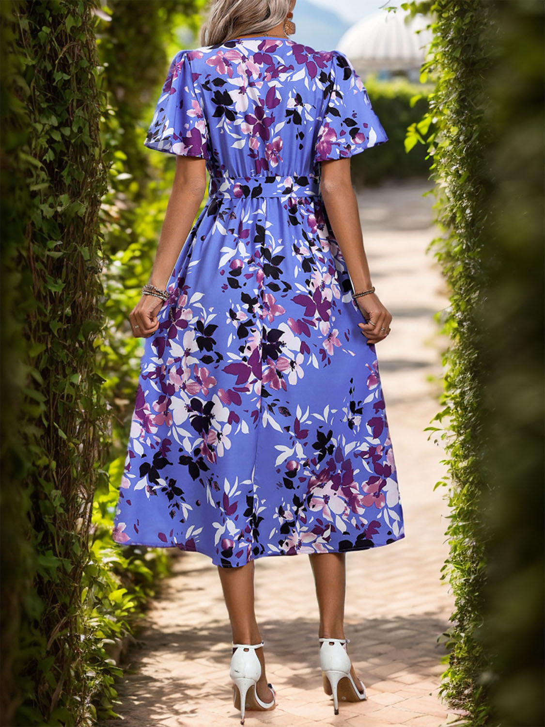 Beach Wedding Guest Dress for Women: Floral Surplice Midi with High-Low Hem and Short Sleeves