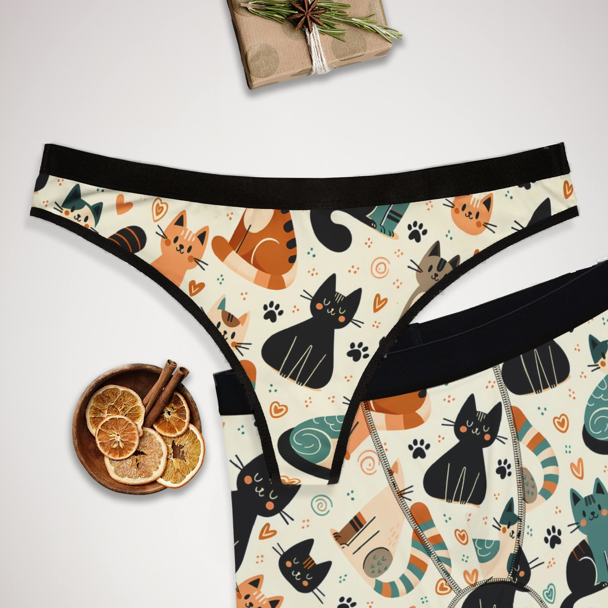 Matching underwear Cute Cats Doodle for couples boxer & thong set
