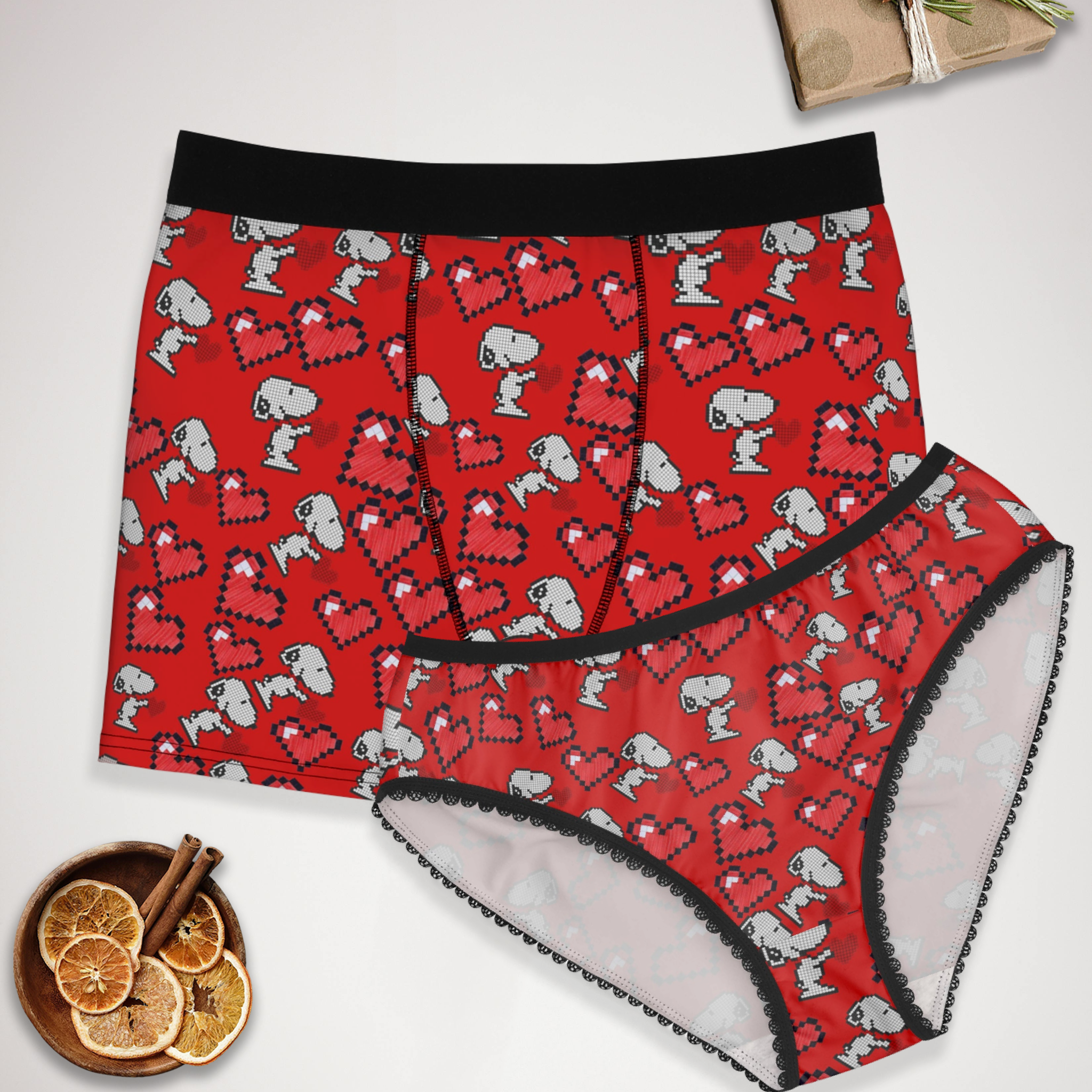 Couples matching snoopy hearts valentine underwear set boxer & briefs