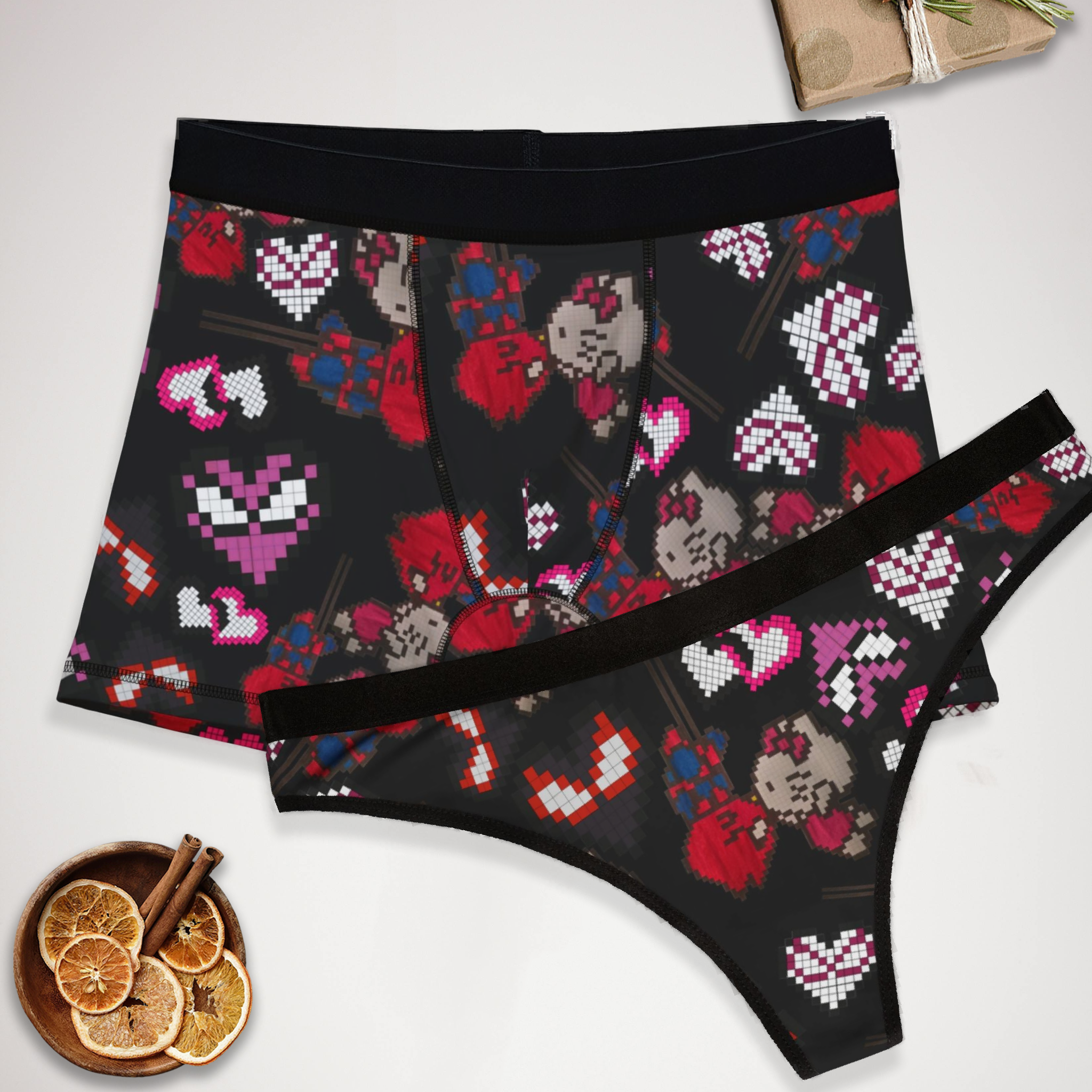 Couples matching  spider kitty pixel kiss hearts underwear set boxer and thong